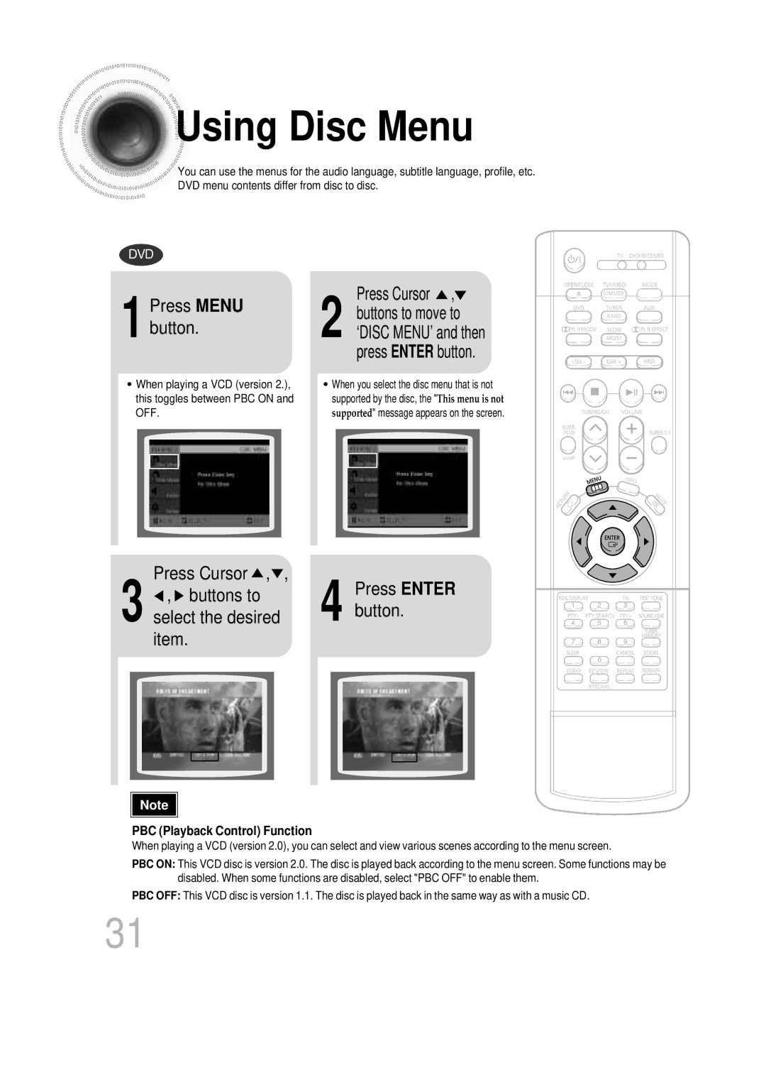 Samsung HT-DB760, HTDB760RH/EDC manual Using Disc Menu, Press Cursor Buttons to Press Enter, PBC Playback Control Function 