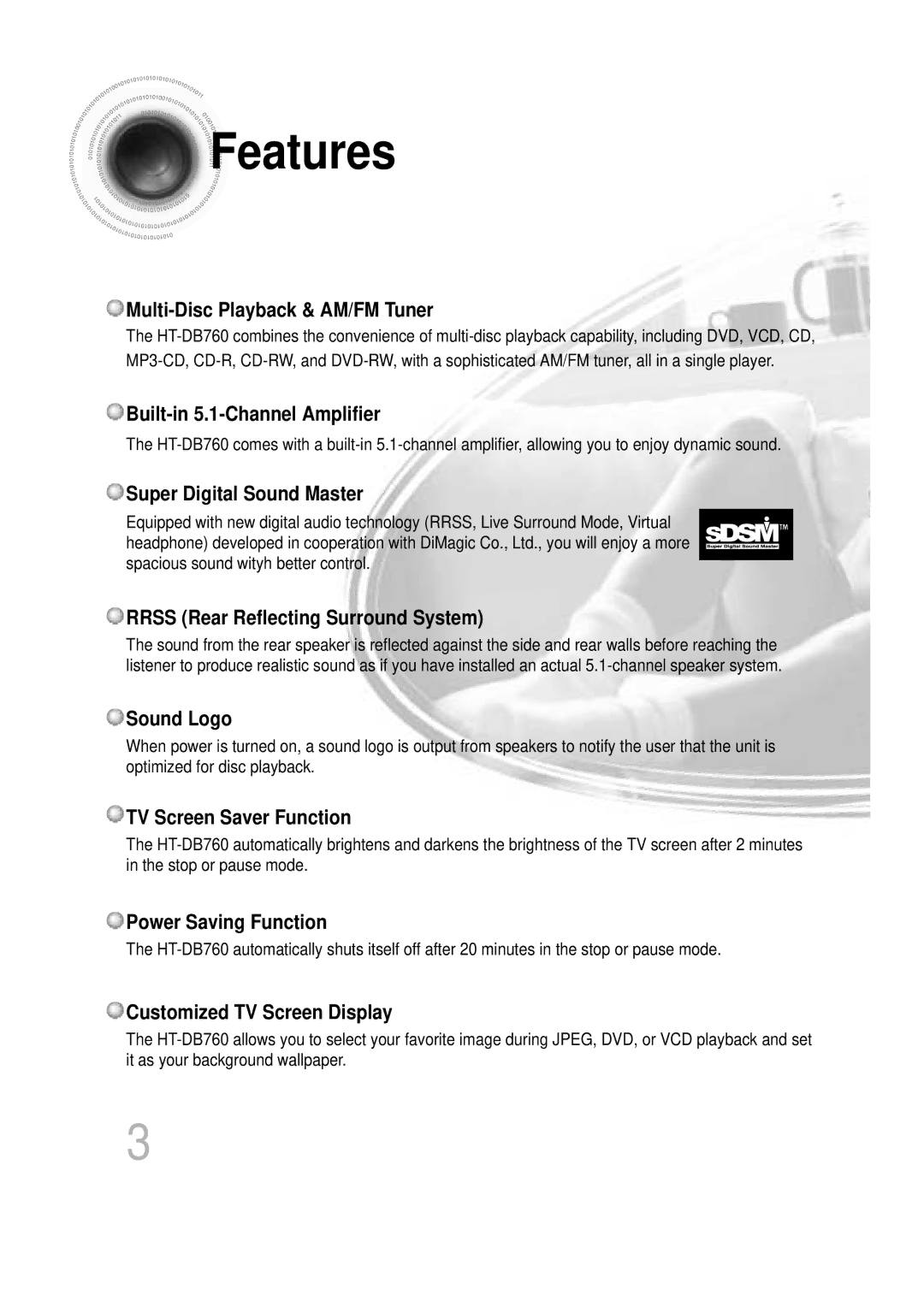 Samsung HTDB760RH/ELS, HTDB760RH/EDC, HT-DB760 manual Features 