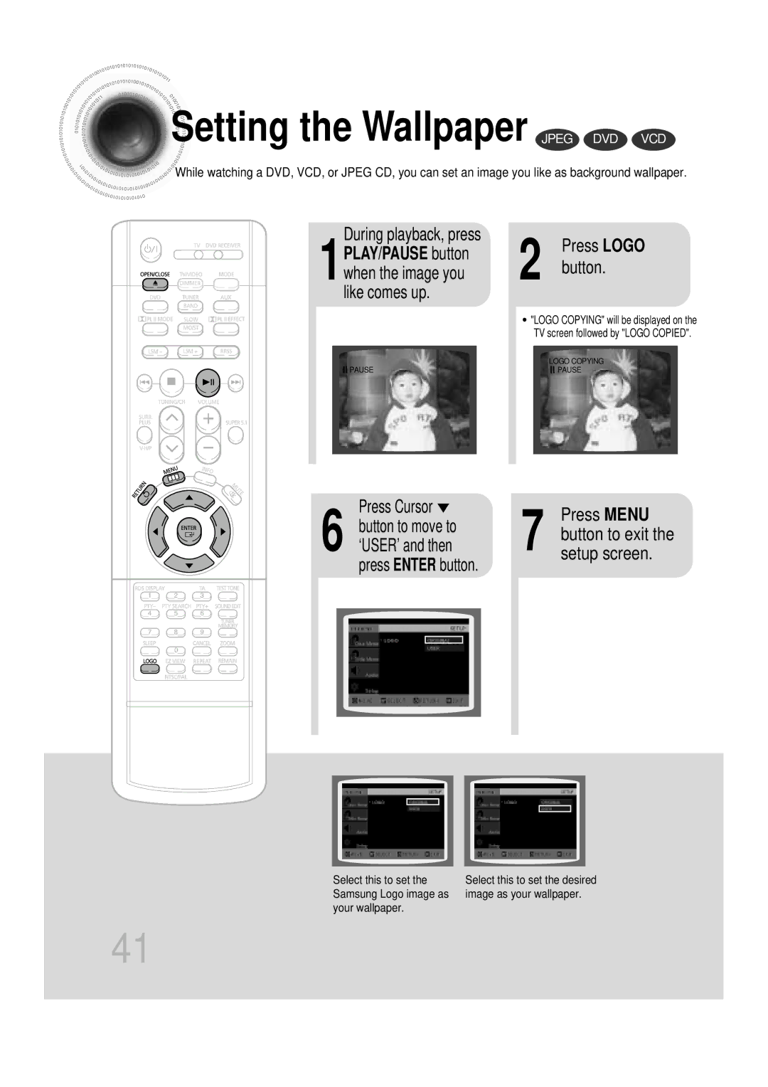 Samsung HTDB760RH/EDC, HTDB760RH/ELS, HT-DB760 manual Setting the Wallpaper Jpeg DVD VCD, During playback, press 