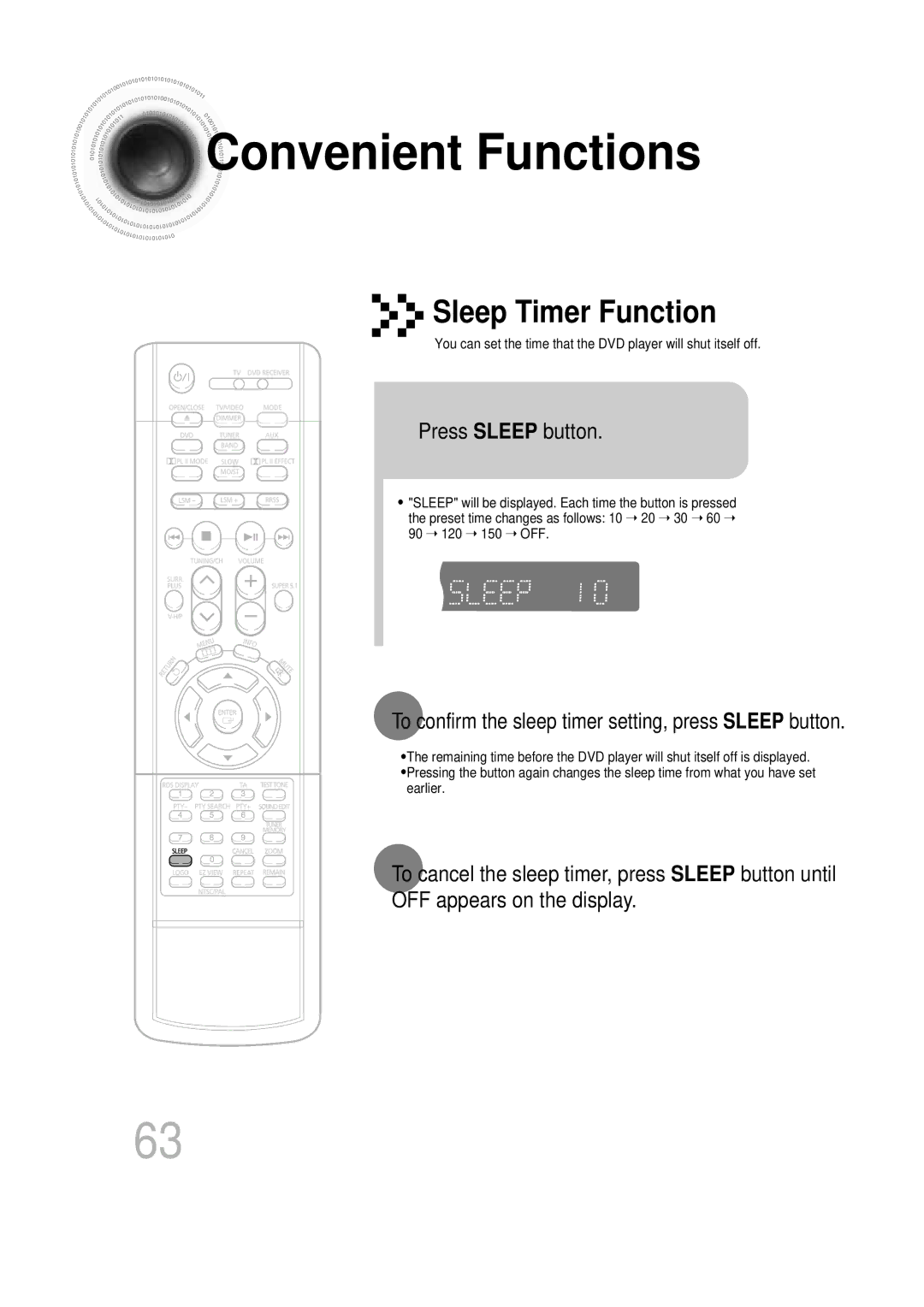 Samsung HTDB760RH/ELS Convenient Functions, Press Sleep button, To confirm the sleep timer setting, press Sleep button 