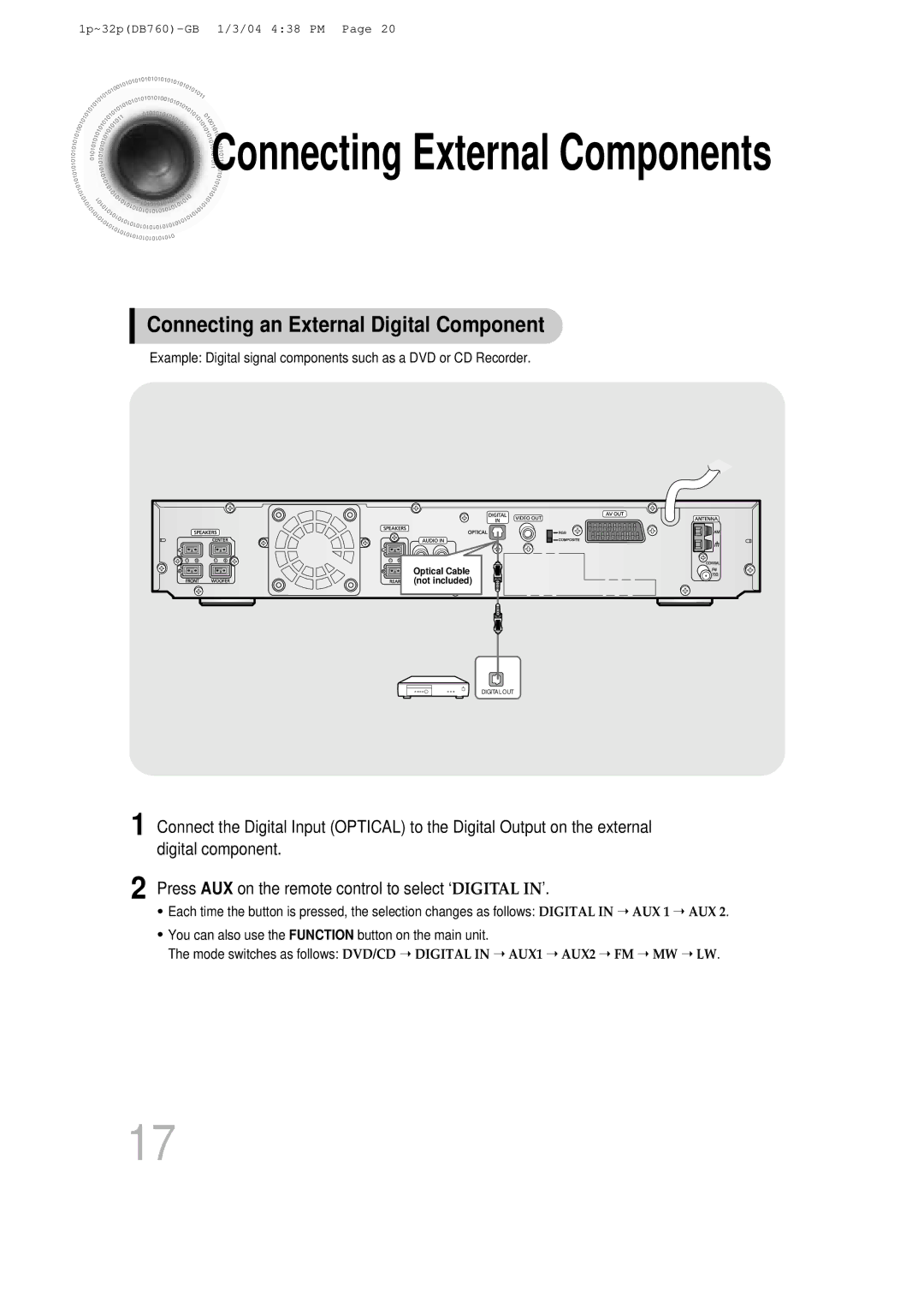 Samsung HTDB760RH/EDC, HTDB760RH/ELS, HT-DB760 Connecting External Components, Connecting an External Digital Component 