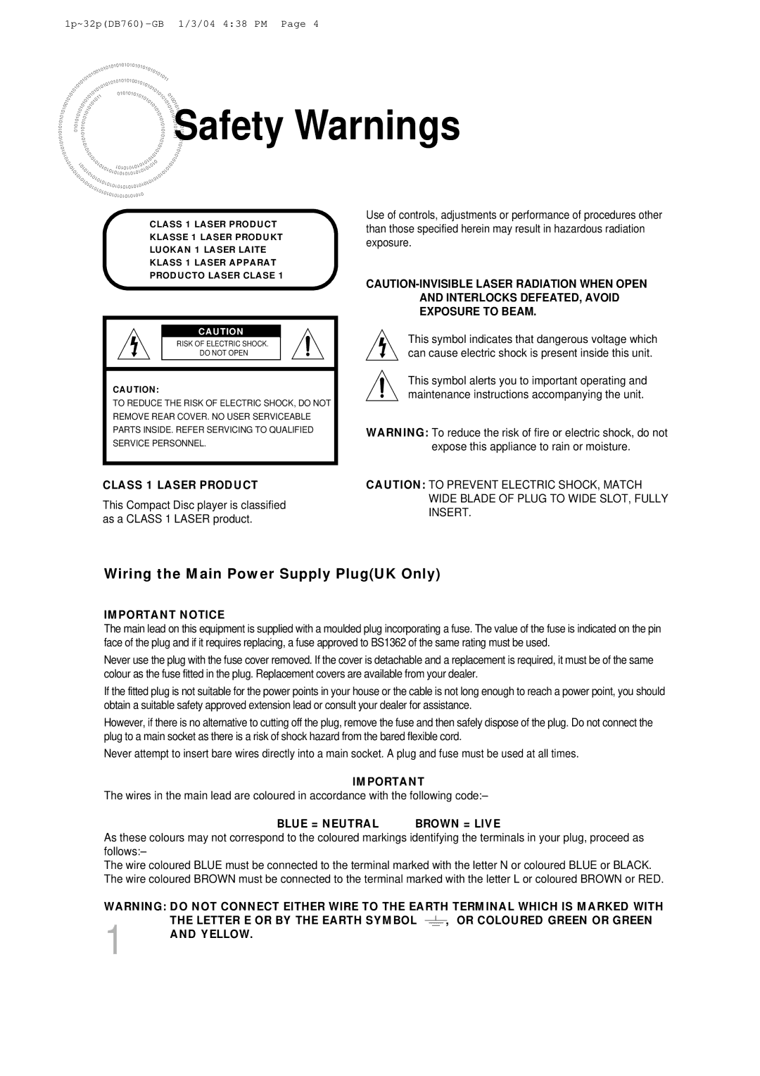 Samsung HT-DB760, HTDB760RH/EDC, HTDB760RH/ELS manual Safety Warnings, Class 1 Laser Product 