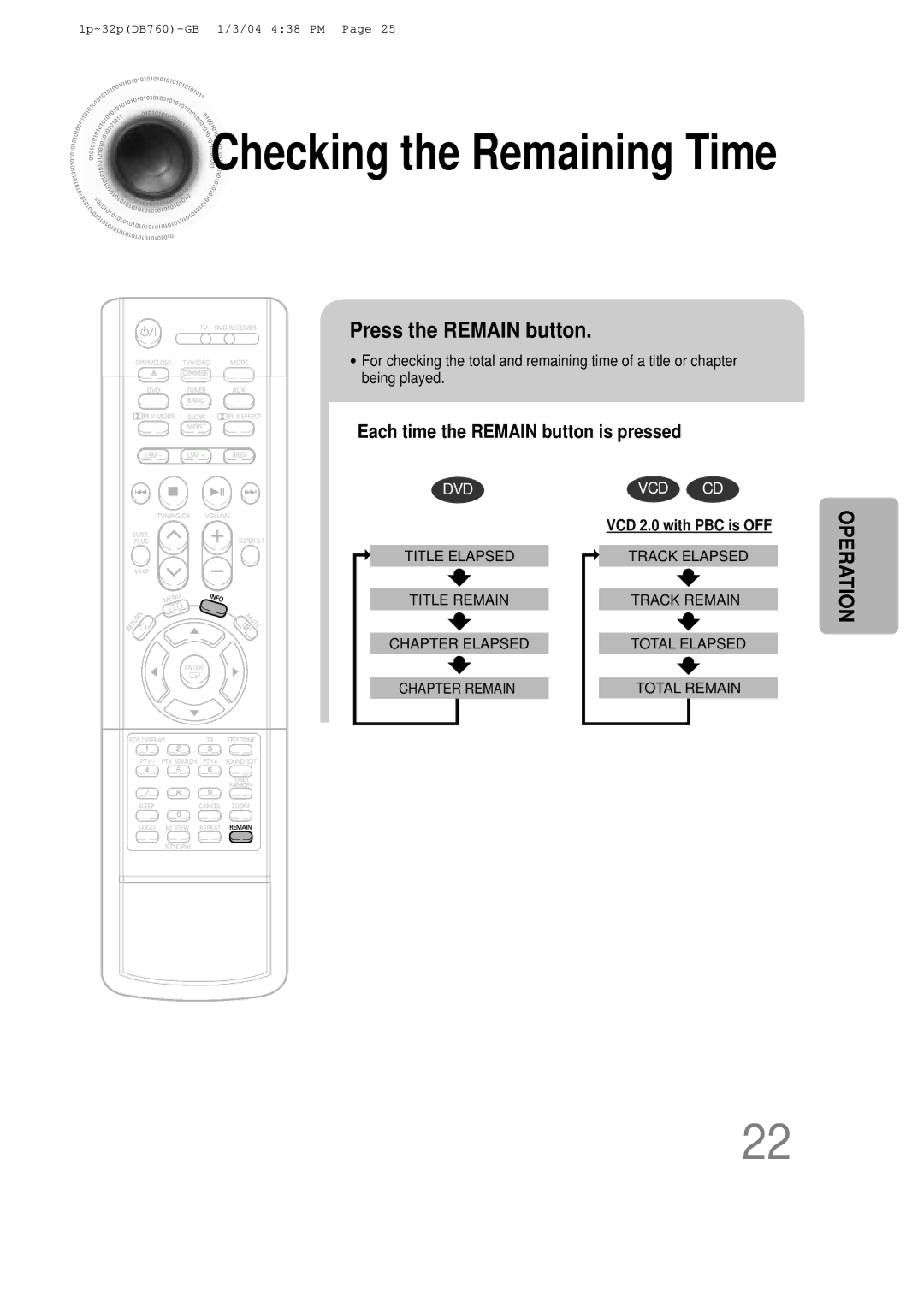 Samsung HT-DB760, HTDB760RH/EDC, HTDB760RH/ELS manual Checking the Remaining Time, Press the Remain button 