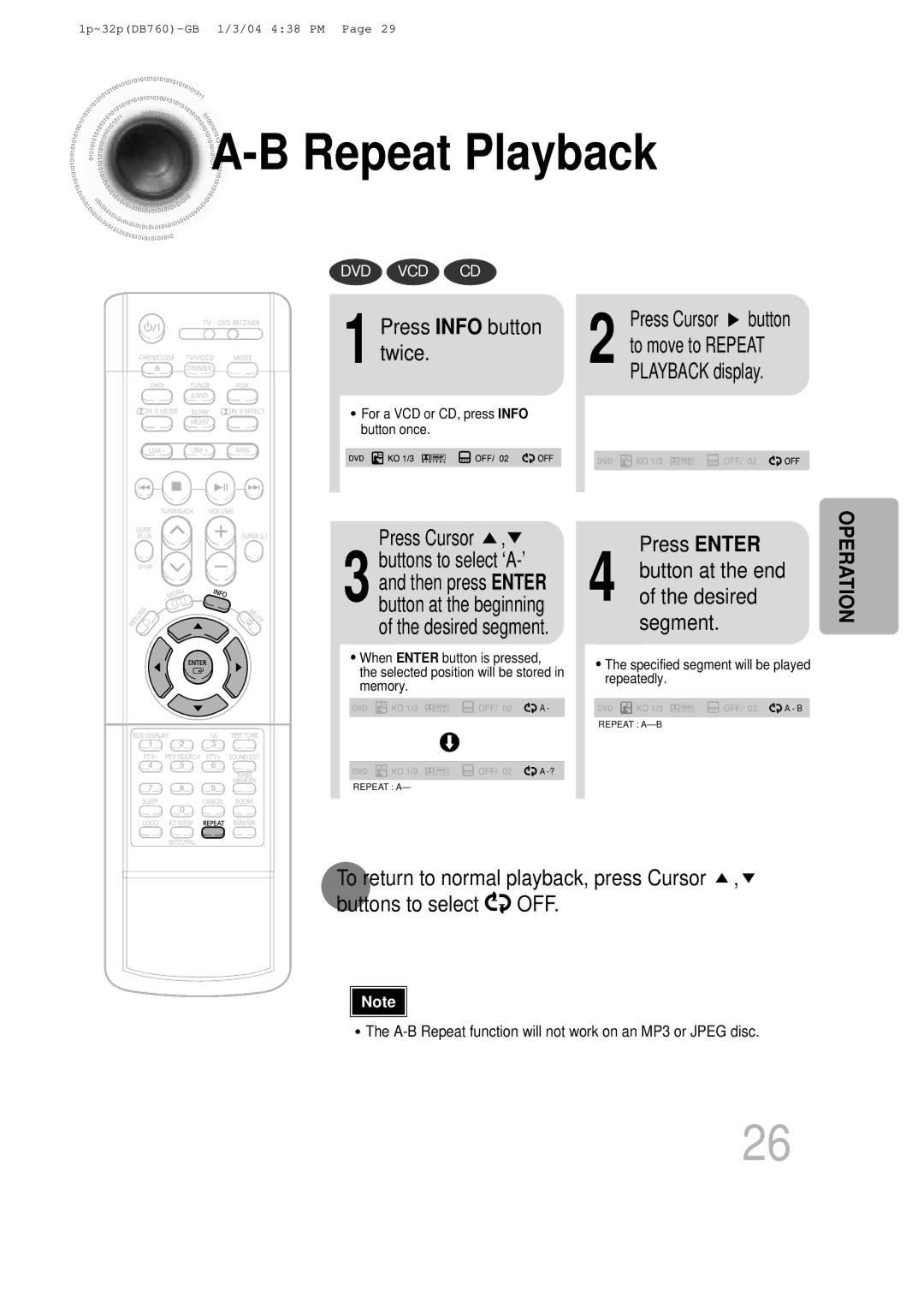 Samsung HTDB760RH/EDC, HTDB760RH/ELS manual Press Info button twice, Press Enter, Button at the end of the desired segment 