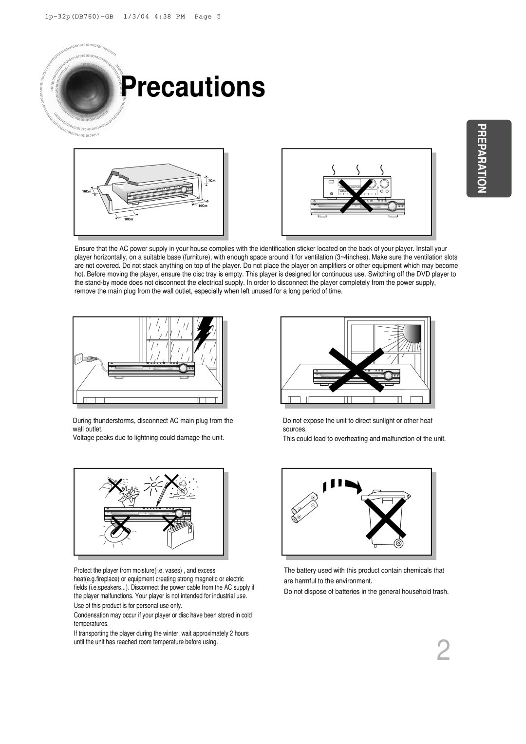 Samsung HTDB760RH/EDC, HTDB760RH/ELS, HT-DB760 manual Precautions, Preparation 