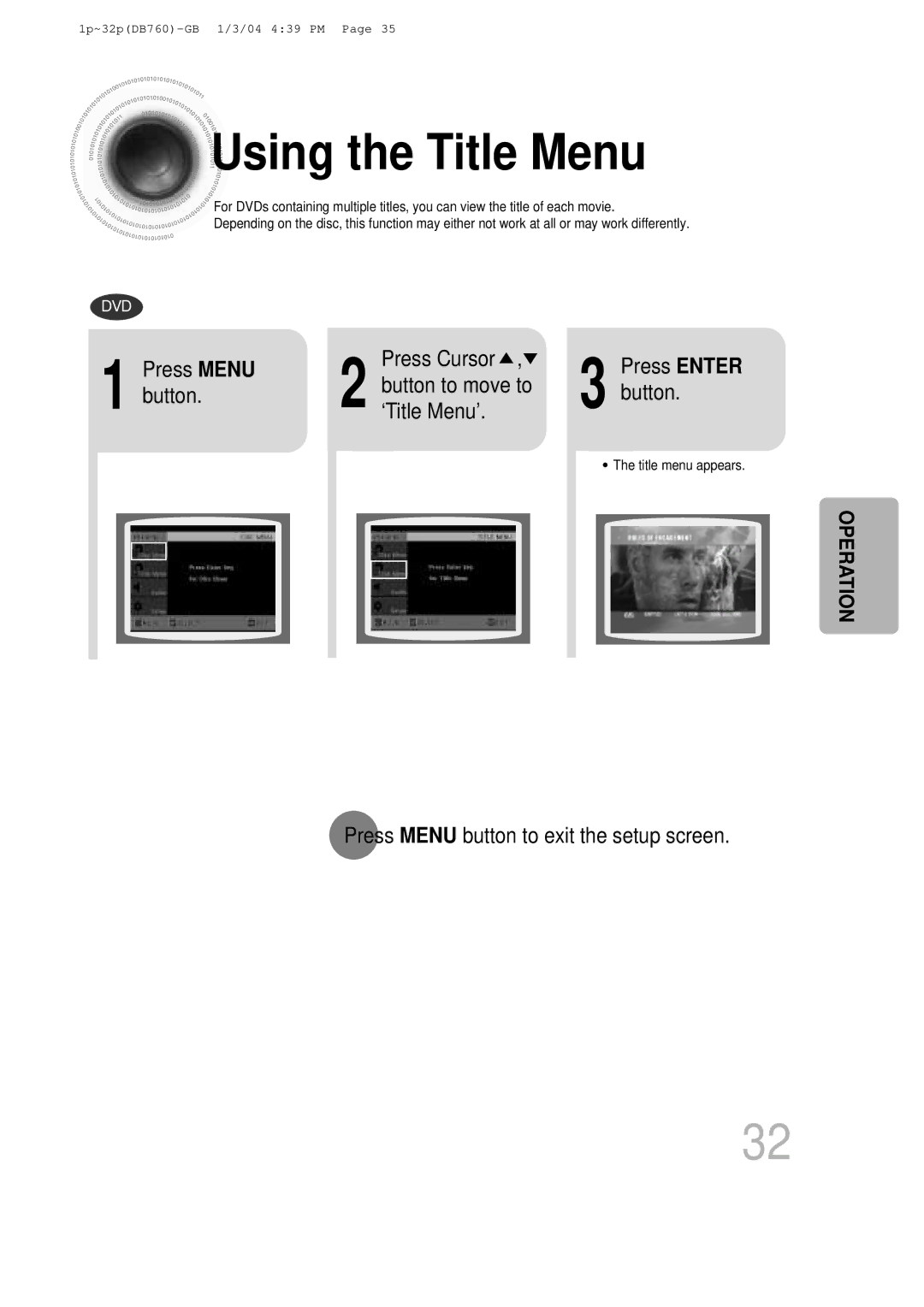 Samsung HTDB760RH/EDC, HT-DB760 Using the Title Menu, Button ‘Title Menu’, Press Menu button to exit the setup screen 