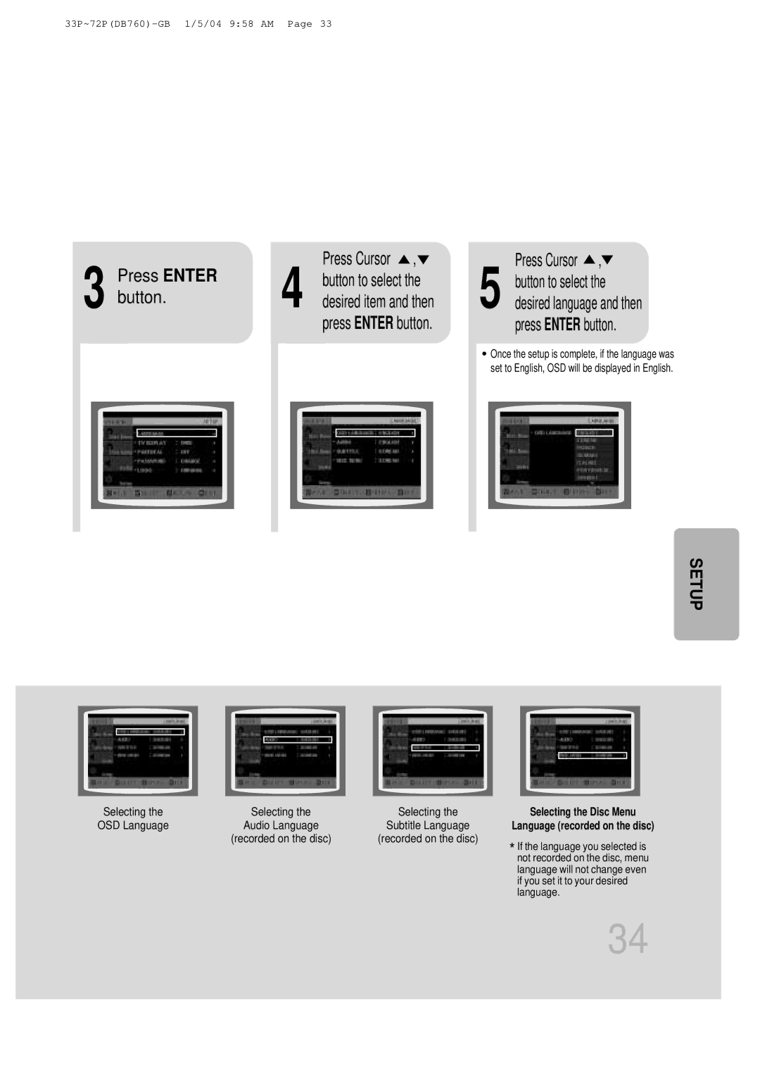 Samsung HT-DB760, HTDB760RH/EDC, HTDB760RH/ELS manual Press Enter Press Cursor, Button to select 