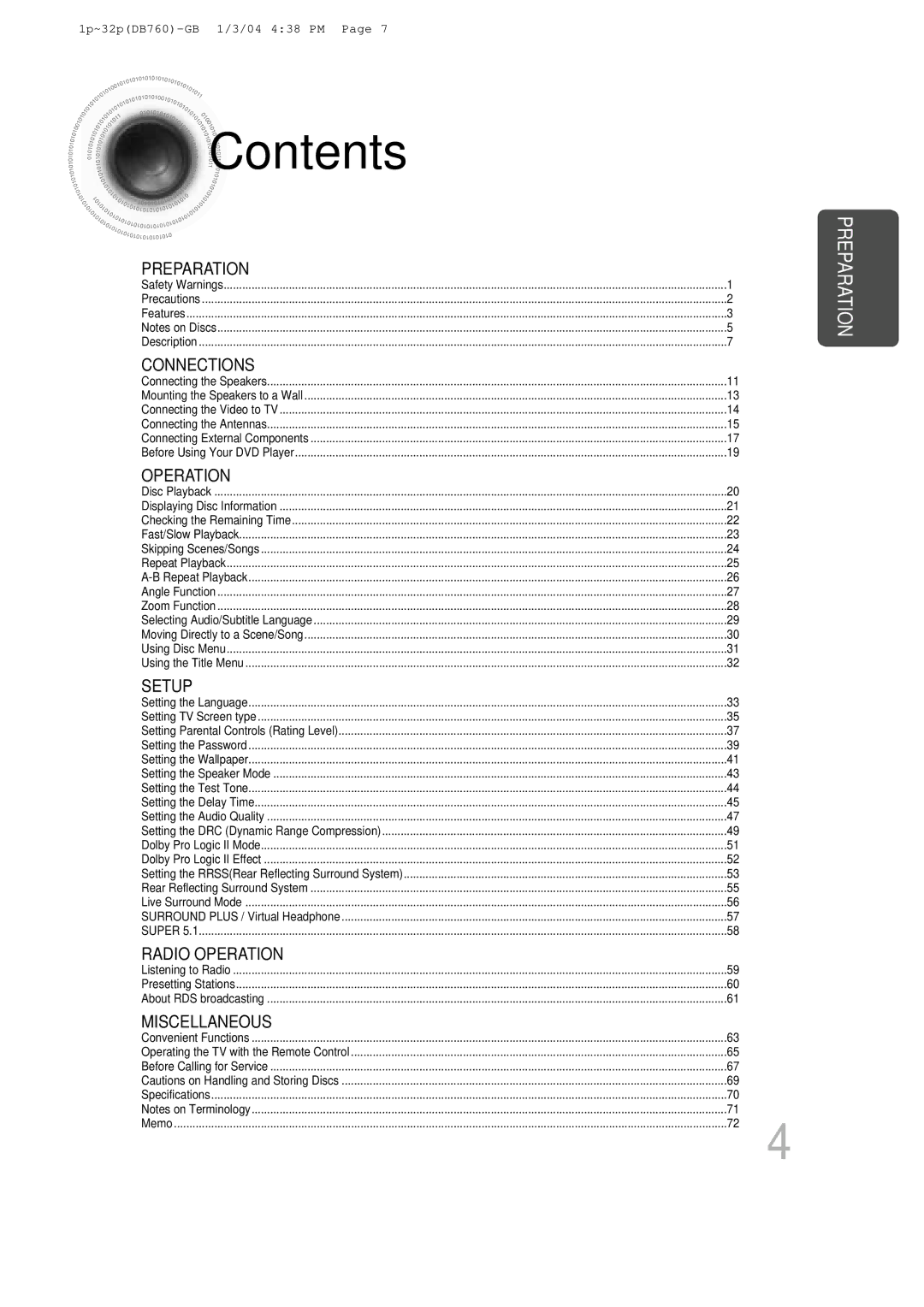 Samsung HT-DB760, HTDB760RH/EDC, HTDB760RH/ELS manual Contents 