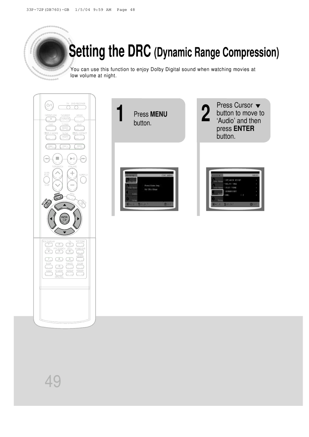 Samsung HT-DB760, HTDB760RH/EDC, HTDB760RH/ELS manual Setting the DRC Dynamic Range Compression, ‘Audio’ and then 