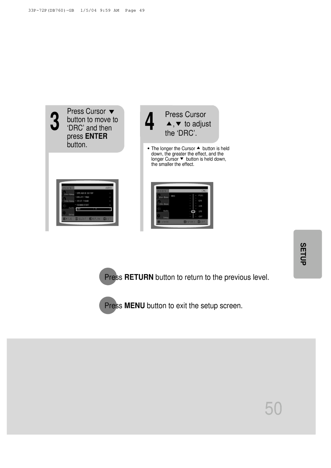 Samsung HTDB760RH/EDC, HTDB760RH/ELS, HT-DB760 manual ‘DRC’ and then press Enter button, To adjust the ‘DRC’.Press Cursor 