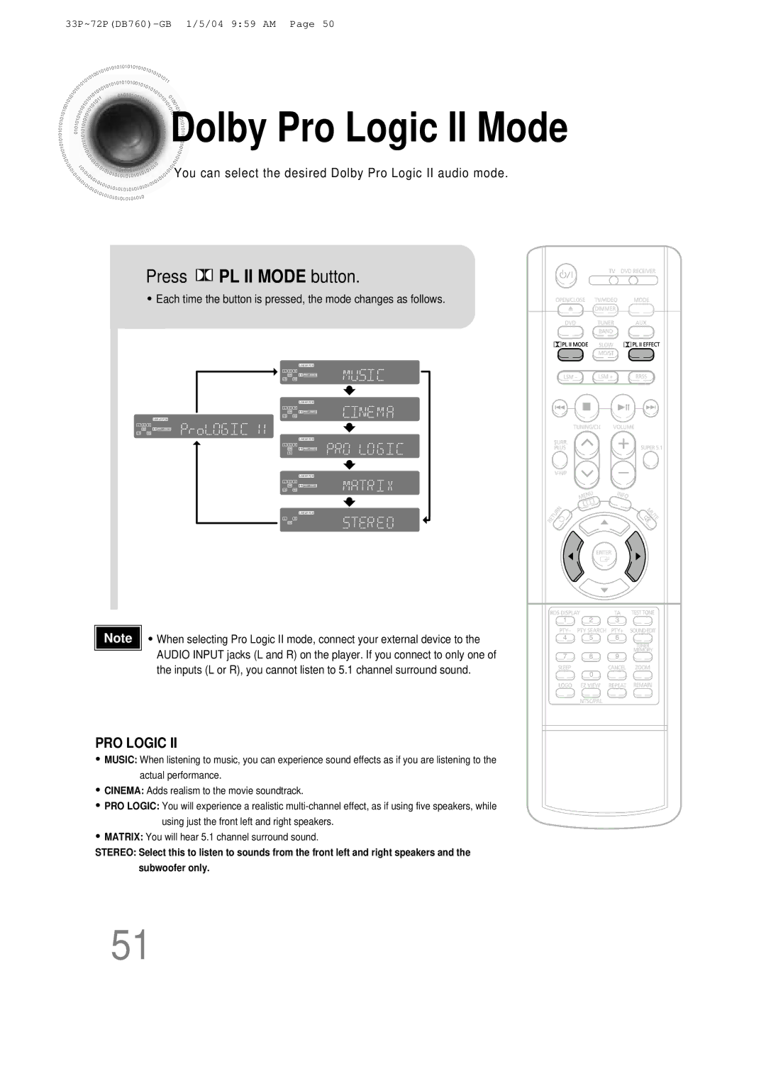 Samsung HTDB760RH/ELS, HTDB760RH/EDC, HT-DB760 manual Dolby Pro Logic II Mode, Press PL II Mode button 