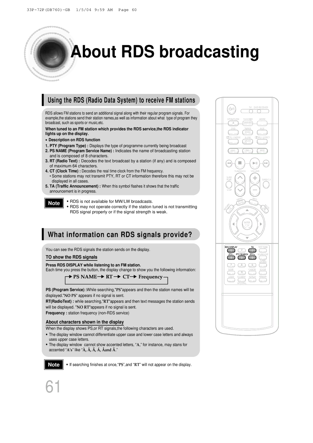 Samsung HT-DB760, HTDB760RH/EDC manual About RDS broadcasting, Using the RDS Radio Data System to receive FM stations 