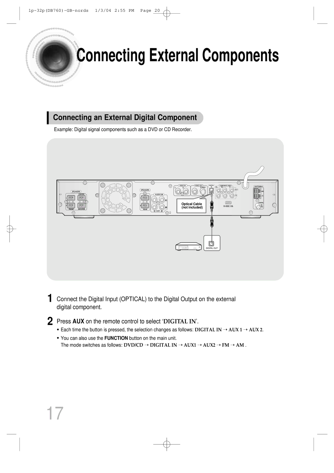 Samsung HTDB760TTH/XSG, HTDB760TTH/CBM manual Connecting External Components, Connecting an External Digital Component 