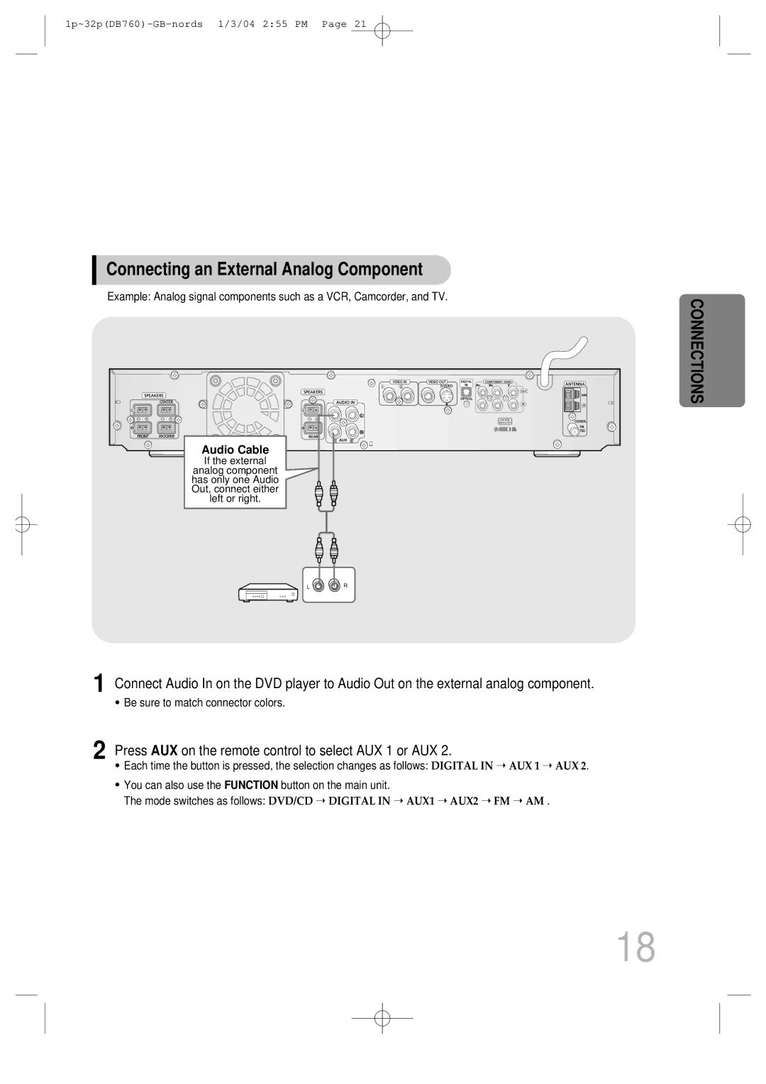 Samsung HTDB760TTH/CBM Connecting an External Analog Component, Press AUX on the remote control to select AUX 1 or AUX 