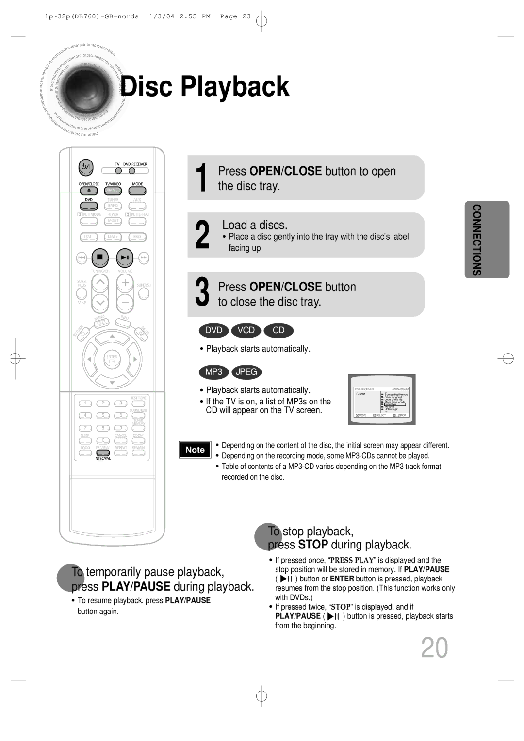 Samsung HTDB760TTH/FES, HTDB760TTH/CBM Disc Playback, Disc tray, Load a discs, To stop playback Press Stop during playback 