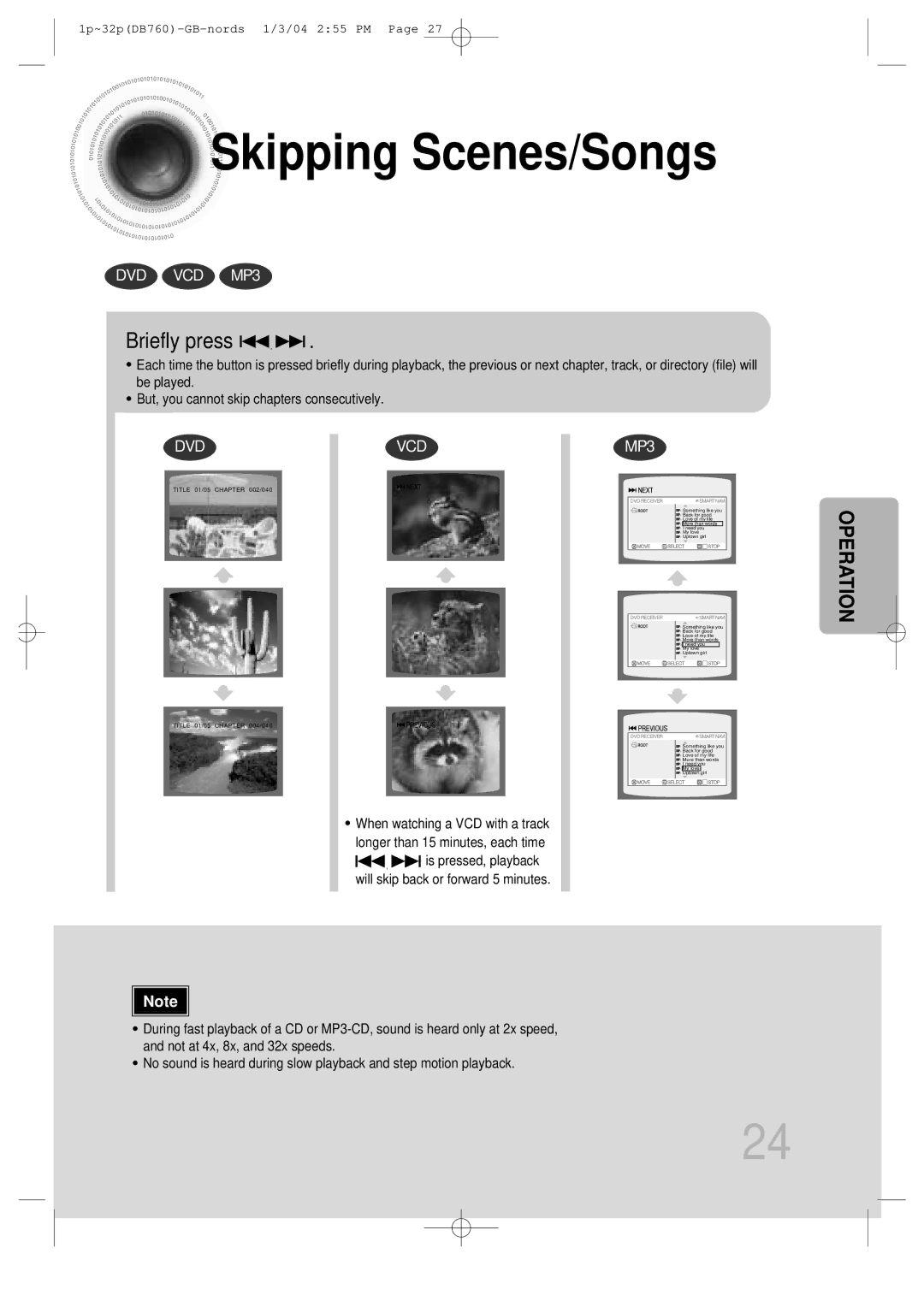 Samsung HTDB760TH/XSG, HTDB760TTH/CBM, HTDB760TTH/FES, HTDB760TH/UMG, HTDB760TTH/XSG Skipping Scenes/Songs, Briefly press 