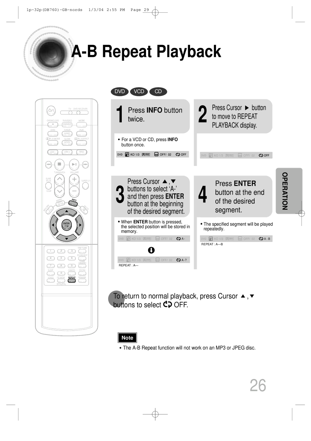 Samsung HTDB760TH/UMG, HTDB760TTH/CBM, HTDB760TH/XSG, HTDB760TTH/FES, HTDB760TTH/XSG Press Info button twice, Press Enter 