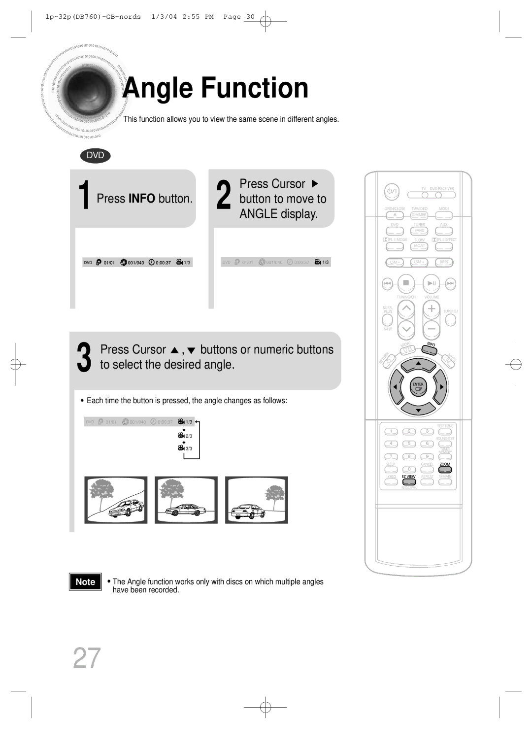 Samsung HTDB760TTH/XSG, HTDB760TTH/CBM, HTDB760TH/XSG, HTDB760TTH/FES, HTDB760TH/UMG manual Angle Function, Press Cursor 