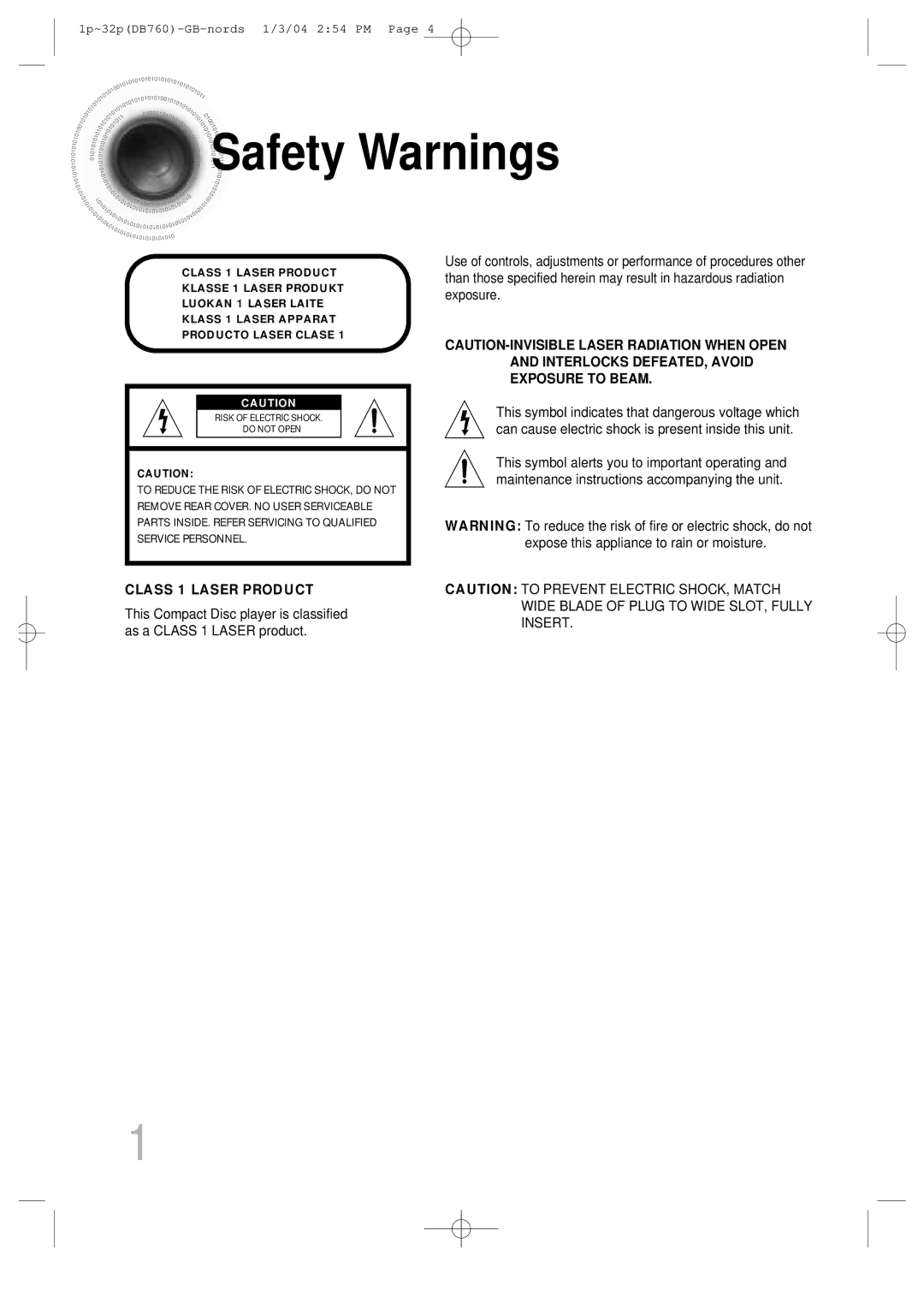 Samsung HTDB760TH/UMG, HTDB760TTH/CBM, HTDB760TH/XSG, HTDB760TTH/FES, HTDB760TTH/XSG Safety Warnings, Class 1 Laser Product 