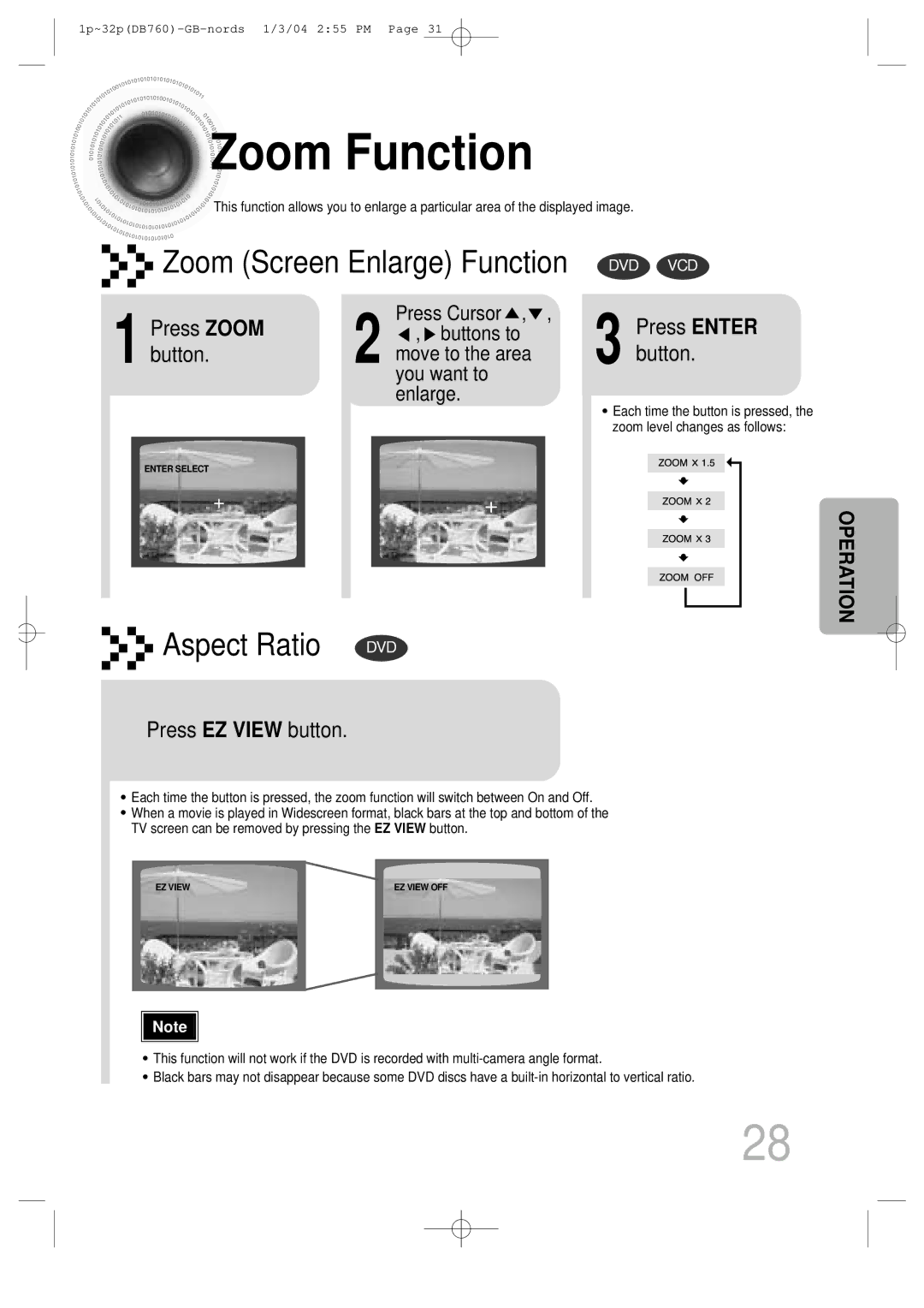 Samsung HTDB760TTH/CBM, HTDB760TH/XSG, HTDB760TTH/FES, HTDB760TH/UMG Zoom Function, Press Zoom, Button, Press EZ View button 