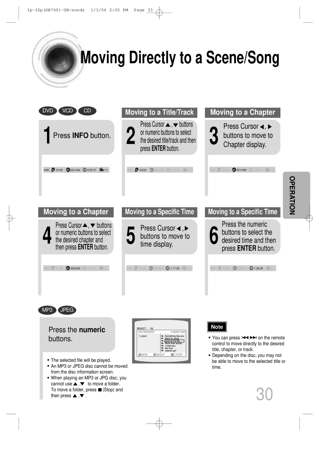 Samsung HTDB760TTH/FES manual 1Press Info button, Press Cursor , buttons, Time display, Chapter display, Press the numeric 