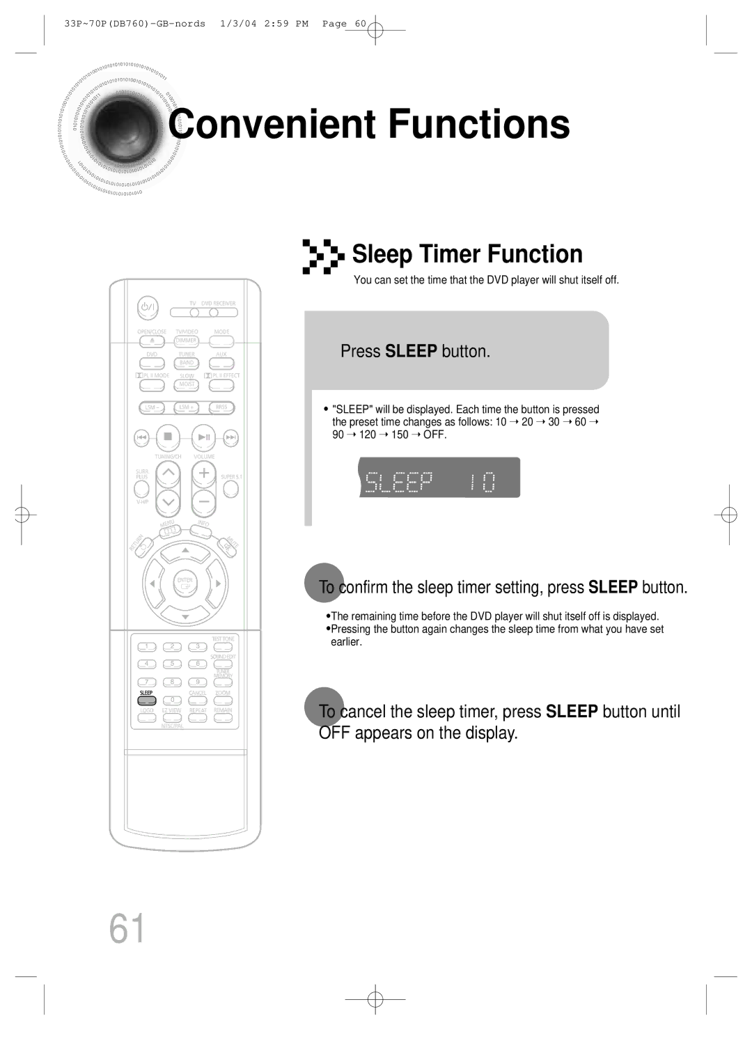 Samsung HTDB760TH/UMG Convenient Functions, Press Sleep button, To confirm the sleep timer setting, press Sleep button 