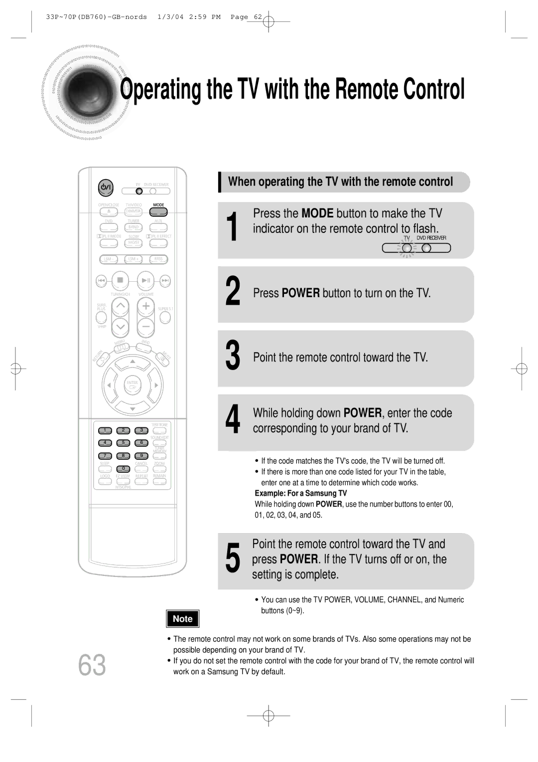 Samsung HTDB760TTH/CBM manual Operating the TV with the Remote Control, When operating the TV with the remote control 