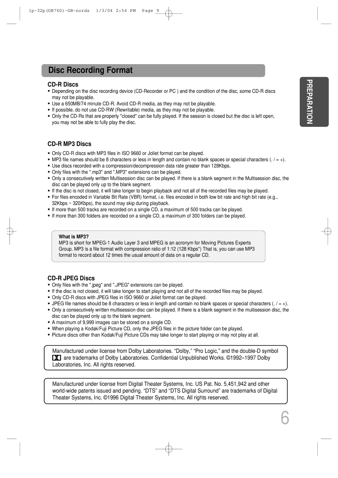 Samsung HTDB760TH/UMG, HTDB760TTH/CBM, HTDB760TH/XSG, HTDB760TTH/FES, HTDB760TTH/XSG manual Disc Recording Format 