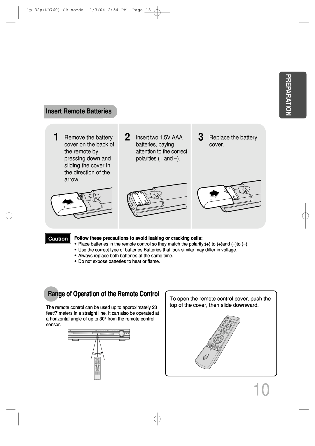 Samsung HTDB760TTH/FES manual Insert Remote Batteries, Replace the battery cover, Range of Operation of the Remote Control 