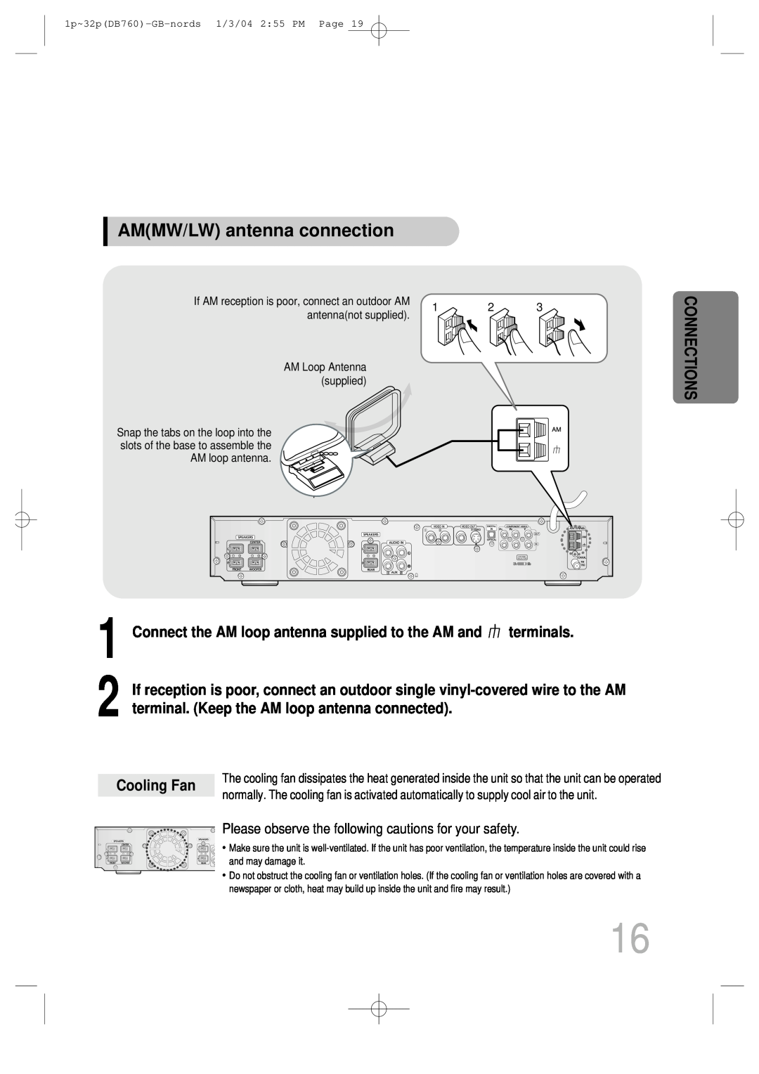 Samsung HTDB760TH/UMG manual AMMW/LW antenna connection, Connect the AM loop antenna supplied to the AM and terminals 