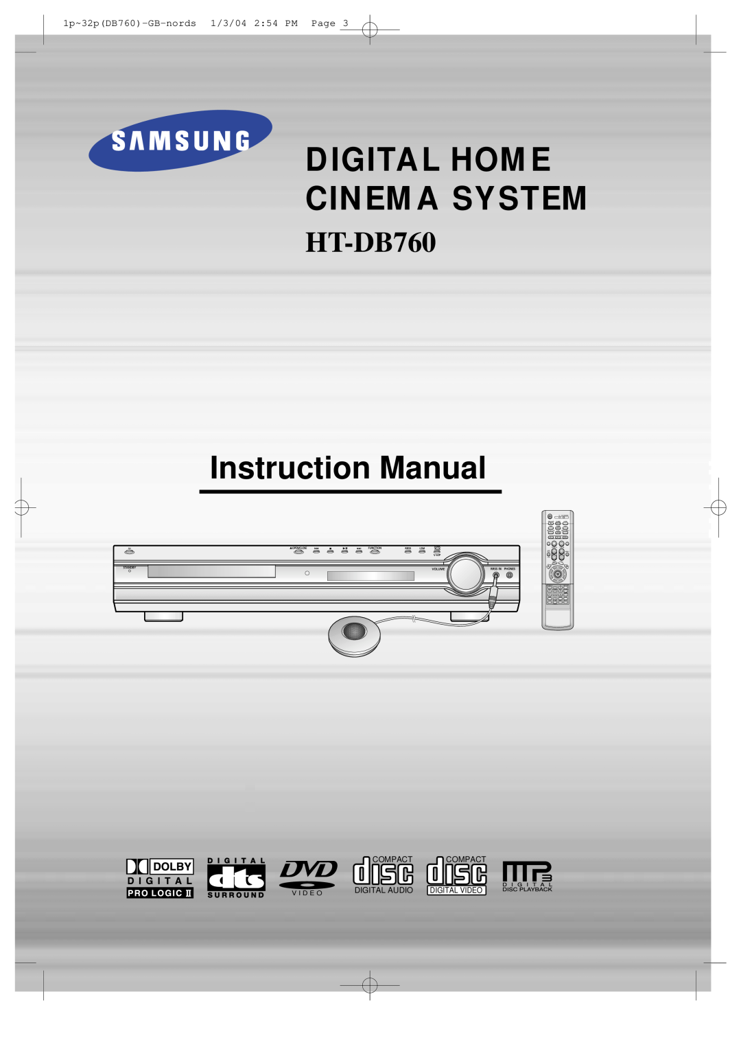 Samsung HTDB760TTH/FES Instruction Manual, Digital Home Cinema System, HT-DB760, 1p~32pDB760-GB-nords 1/3/04 254 PM Page 