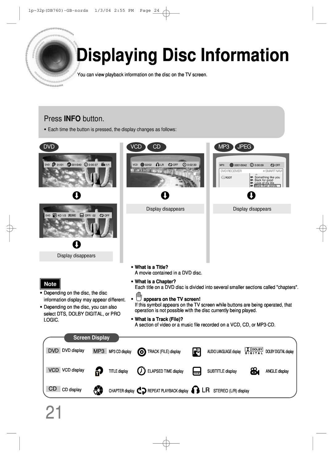 Samsung HTDB760TH/UMG manual DisplayingDisc Information, Press INFO button, Screen Display, MP3 JPEG, What is a Title? 