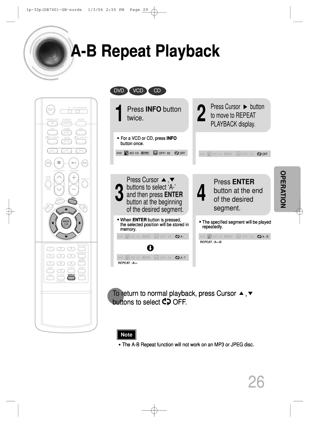 Samsung HTDB760TH/UMG manual A -B Repeat Playback, Press INFO button twice, Press ENTER, Press Cursor button, Operation 