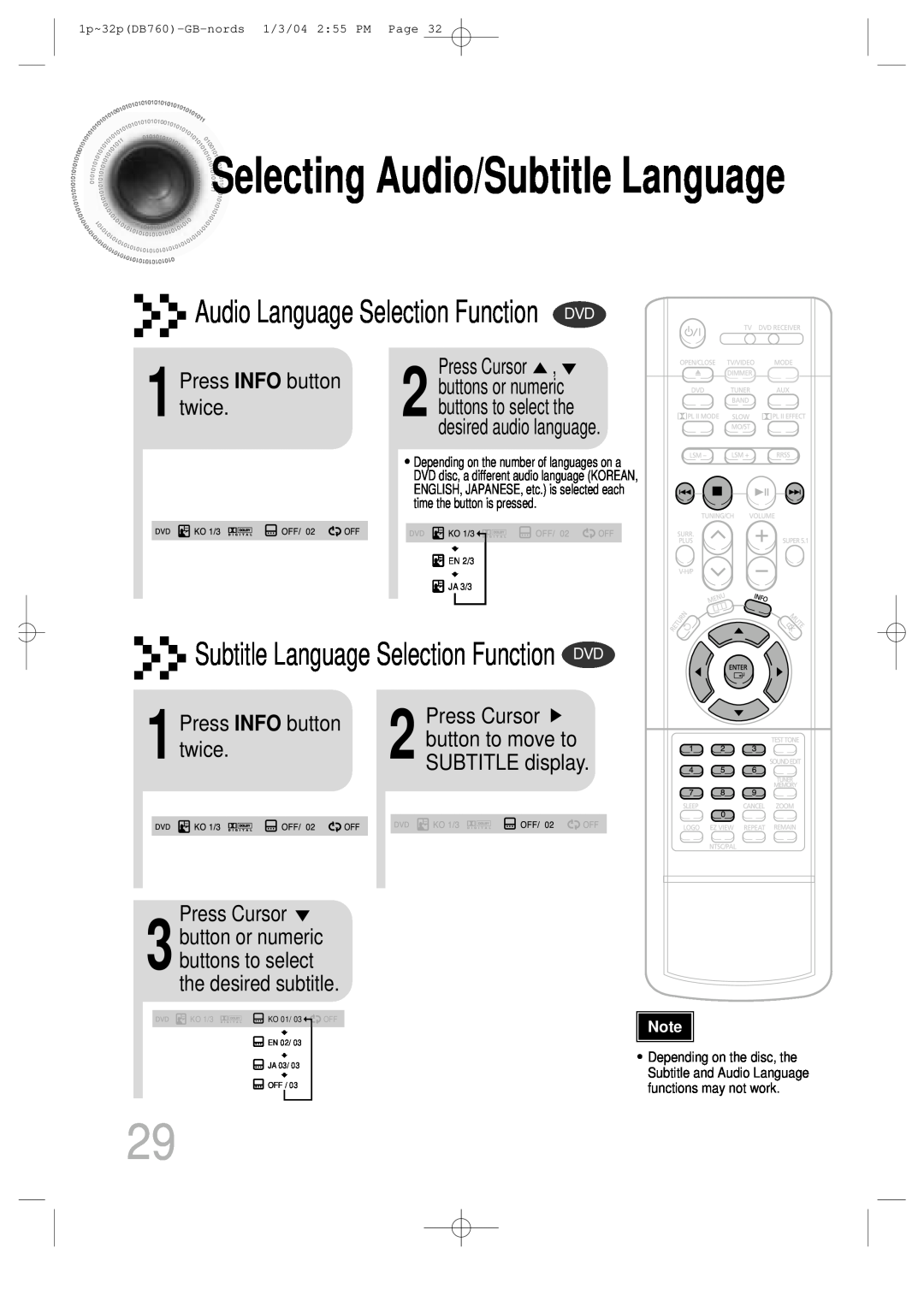 Samsung HTDB760TH/XSG Audio Language Selection Function DVD, Subtitle Language Selection Function DVD, button to move to 
