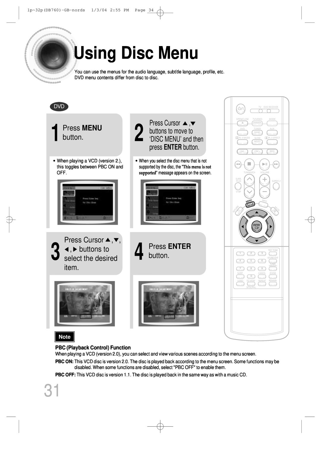Samsung HTDB760TH/UMG manual Using Disc Menu, buttons to, Press ENTER, Press MENU button, select the desired, Press Cursor 