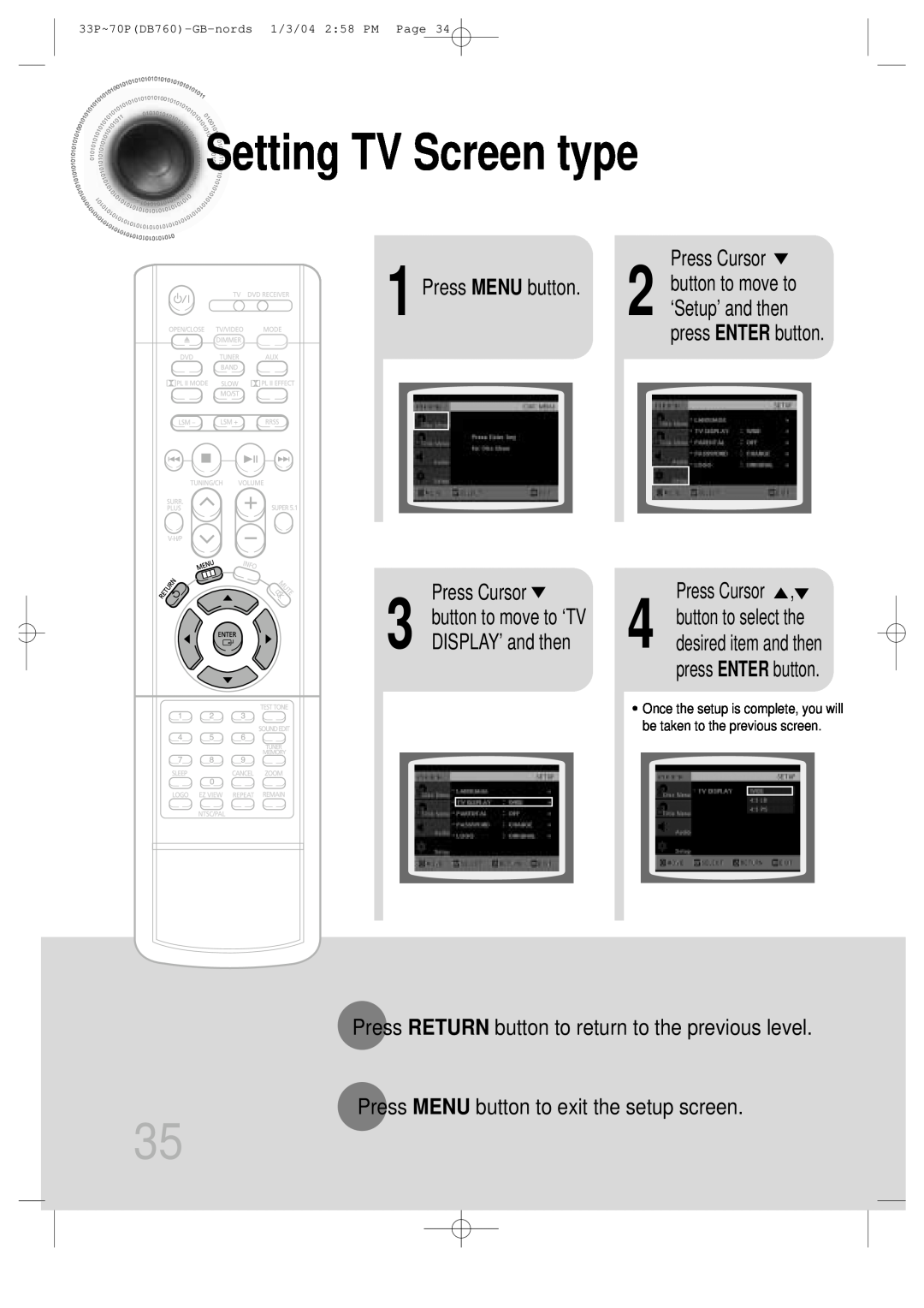 Samsung HTDB760TTH/FES manual Setting TV Screen type, DISPLAY’ and then, Press Cursor 2 button to move to ‘Setup’ and then 