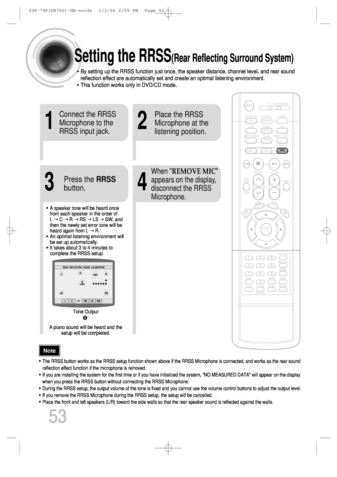 Samsung HTDB760TTH/CBM manual Setting the RRSSRear Reflecting Surround System, Press the RRSS, button, When REMOVE MIC 