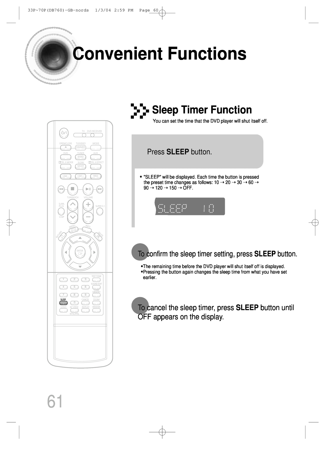 Samsung HTDB760TH/UMG manual ConvenientFunctions, Sleep Timer Function, Press SLEEP button, OFF appears on the display 