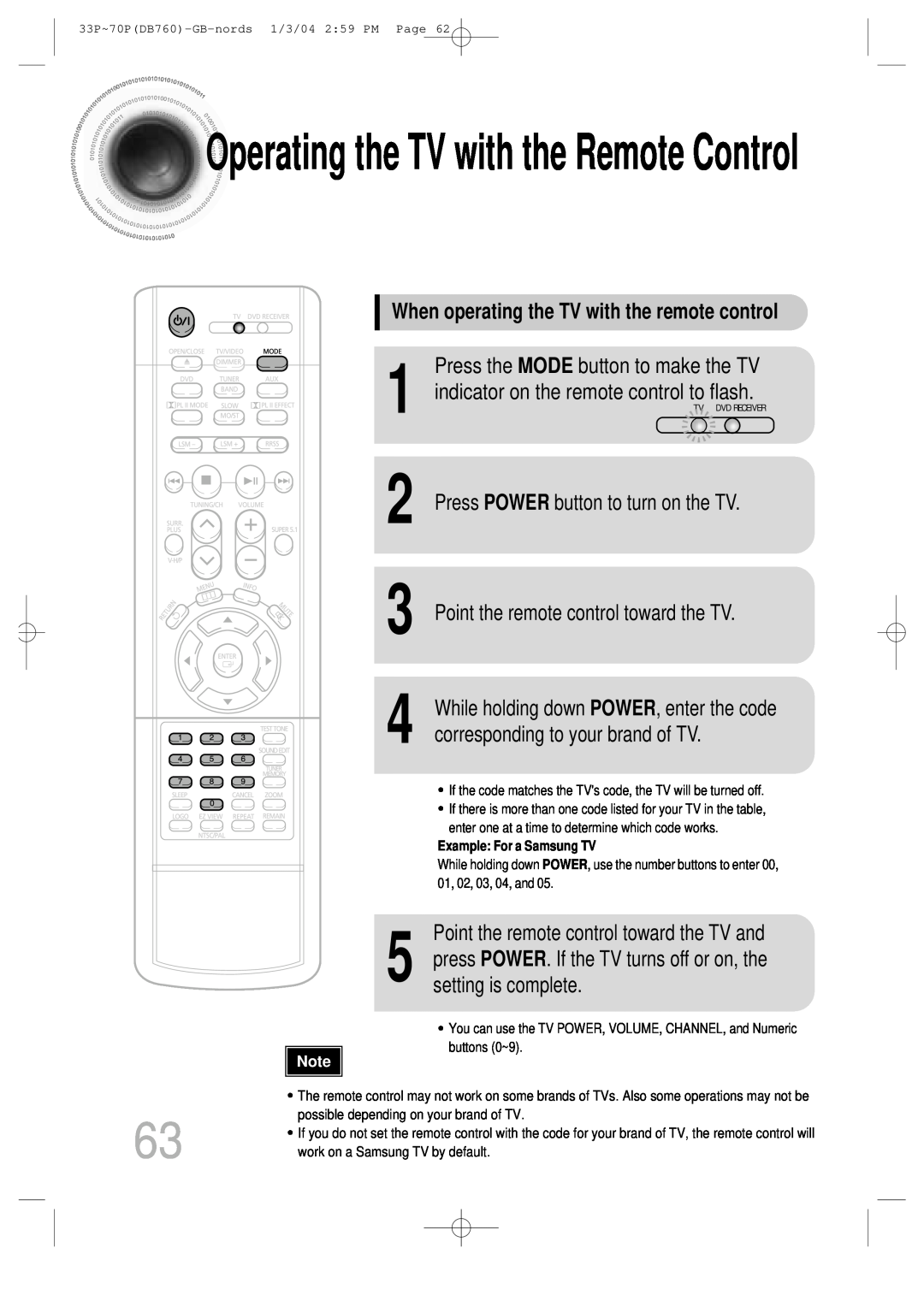 Samsung HTDB760TTH/CBM manual When operating the TV with the remote control, Point the remote control toward the TV and 