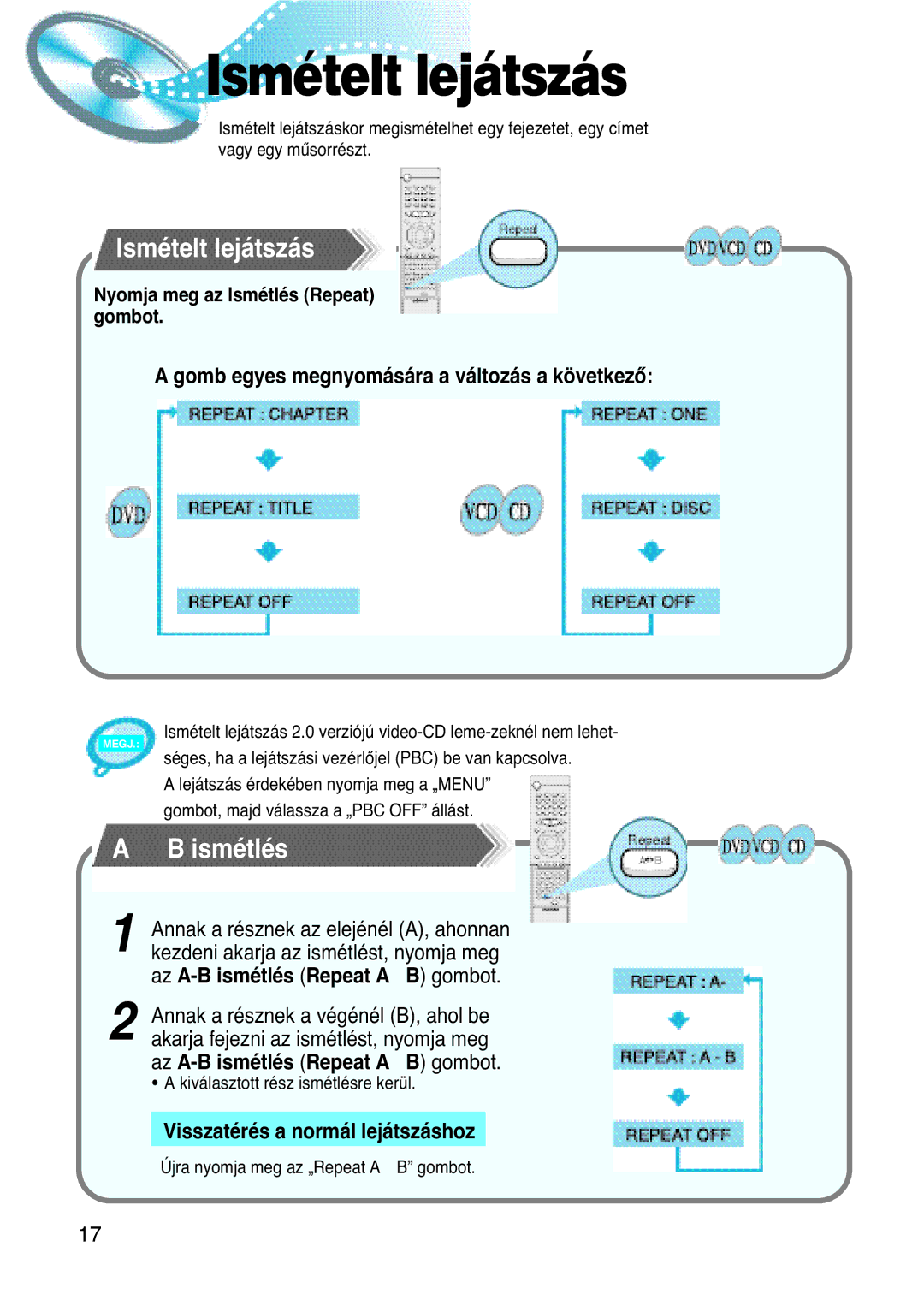 Samsung HTDL100RH/ELS, HTDL100RH/EDC manual Ismételt lejátszás, B ismétlés, Nyomja meg az Ismétlés Repeat gombot 