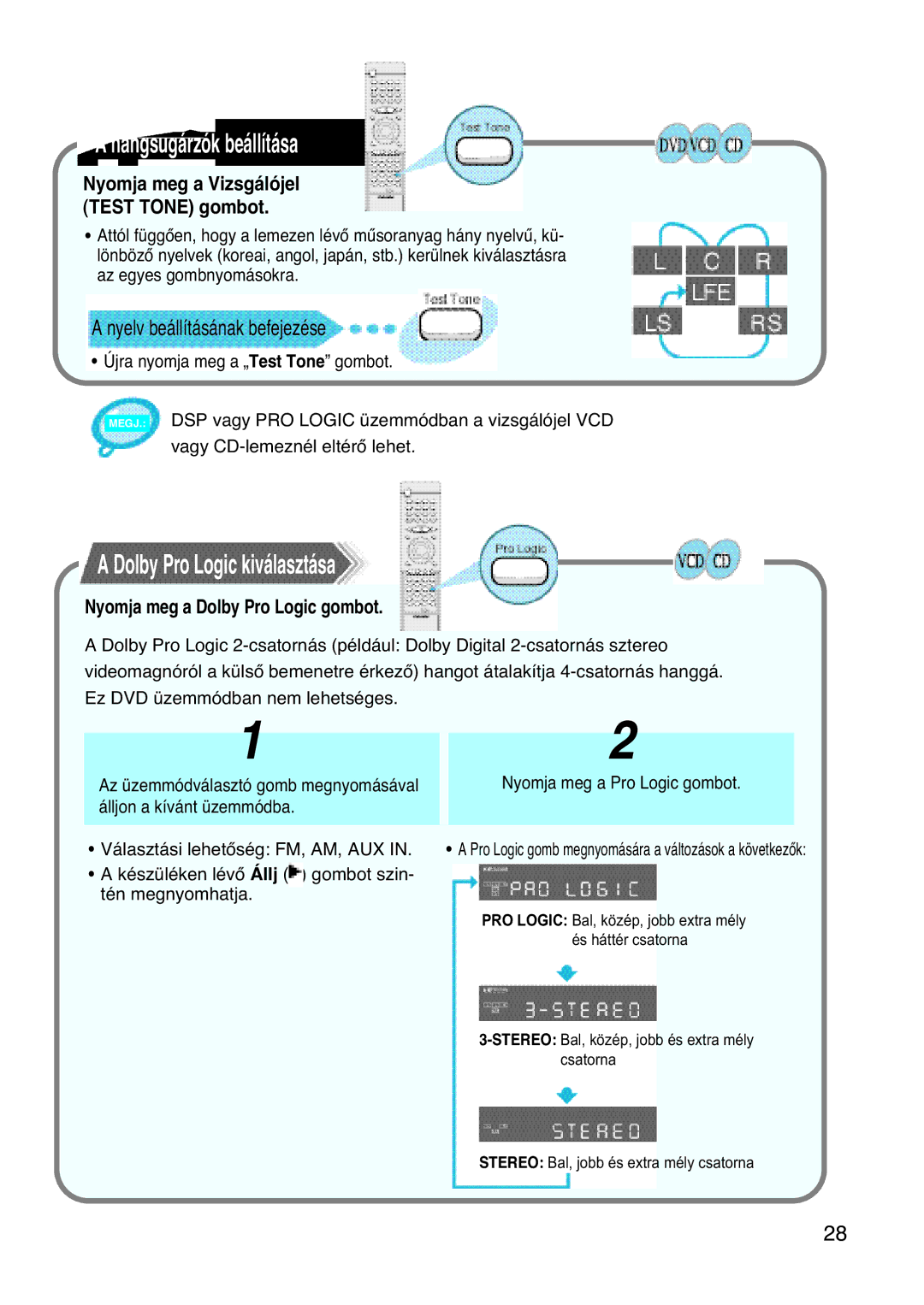 Samsung HTDL100RH/EDC manual Hangsugárzók beállítása, Nyomja meg a Dolby Pro Logic gombot, Ez DVD üzemmódban nem lehetséges 