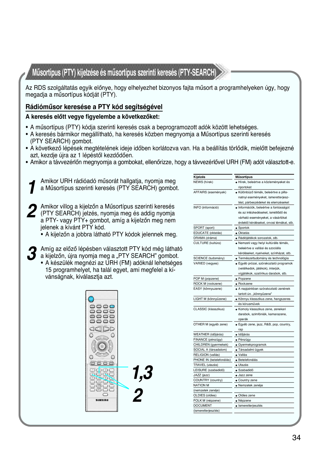 Samsung HTDL100RH/EDC, HTDL100RH/ELS manual Rádiómûsor keresése a PTY kód segítségével 