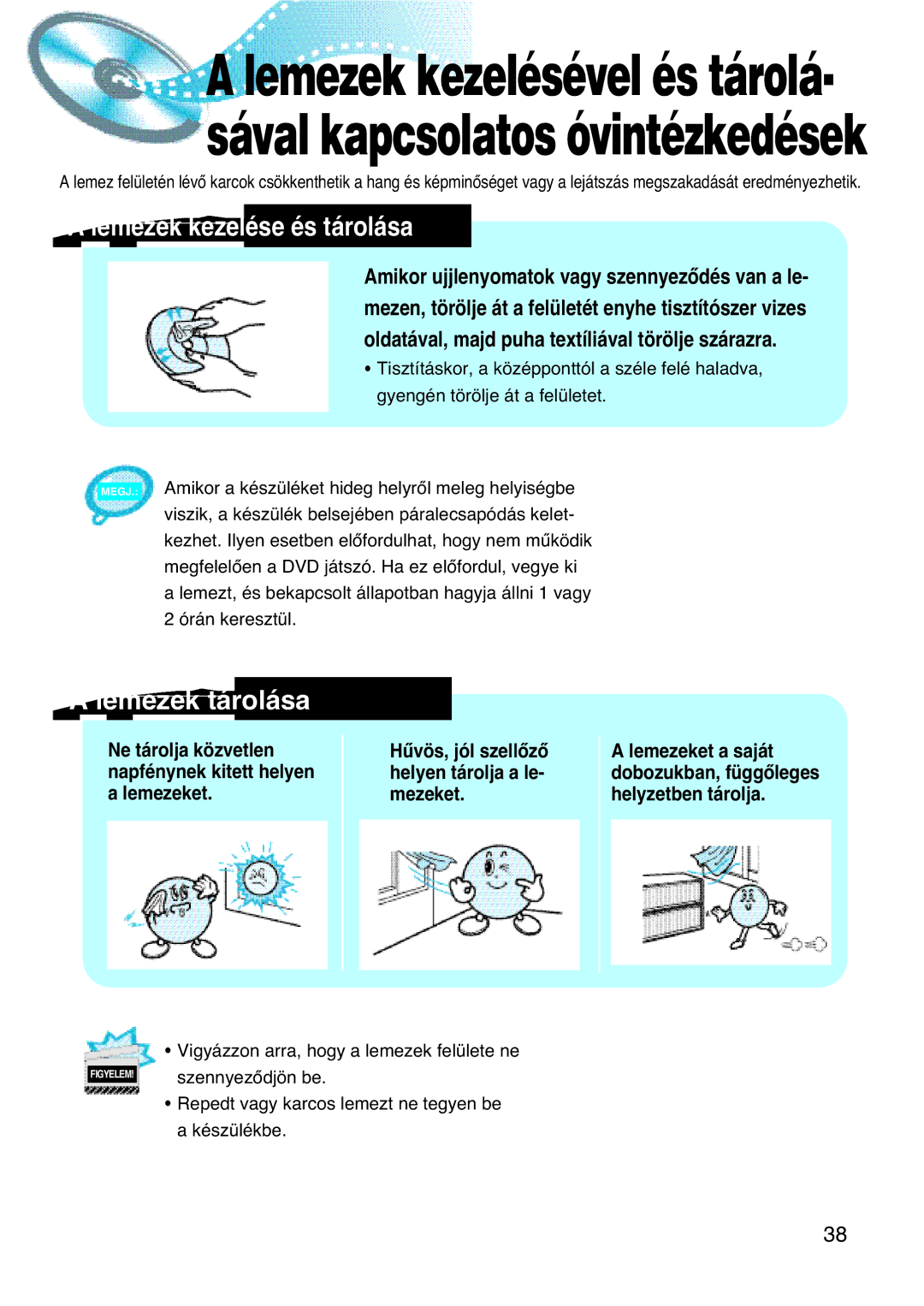 Samsung HTDL100RH/EDC, HTDL100RH/ELS manual Lemezek kezelése és tárolása, Lemezek tárolása 