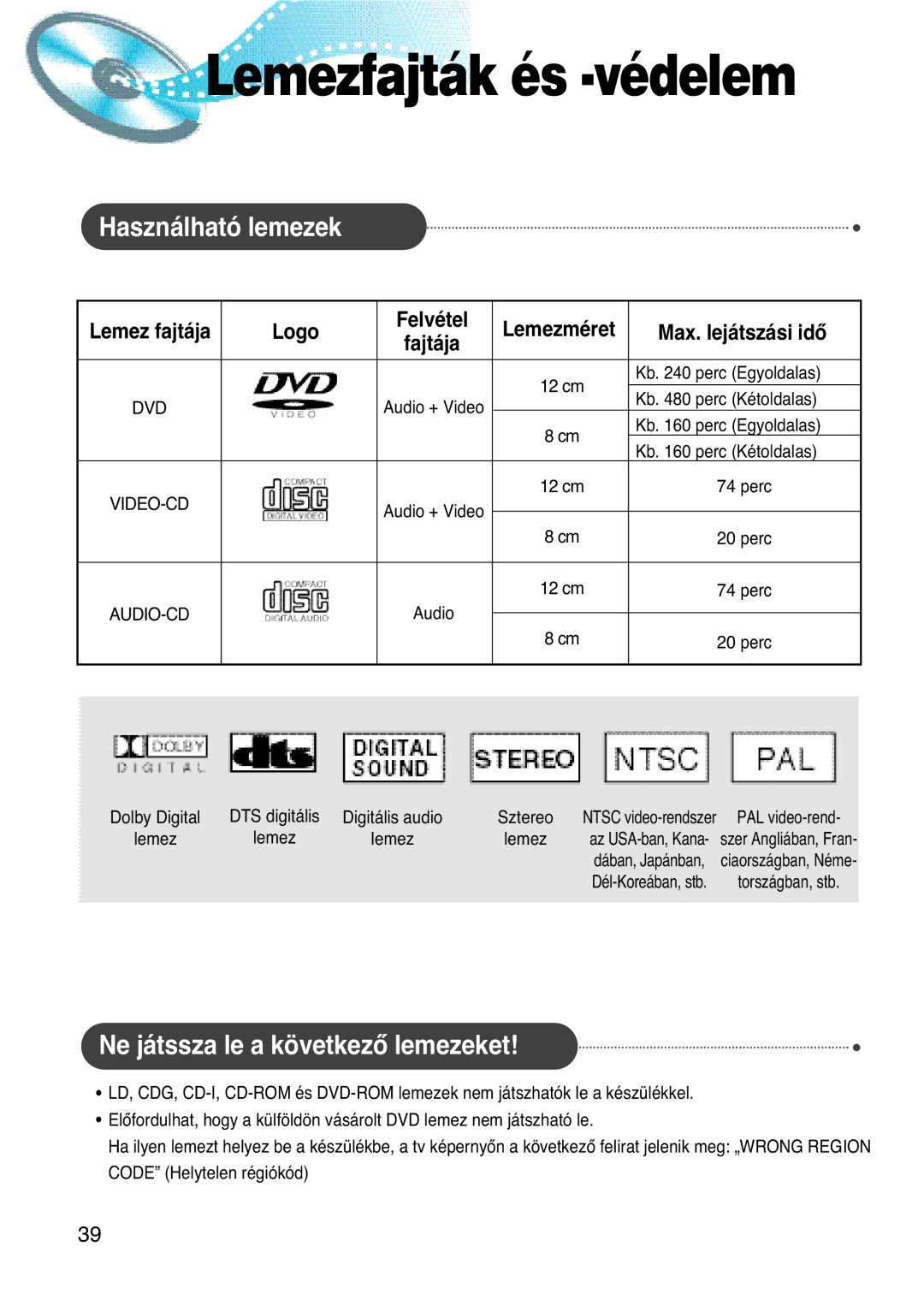 Samsung HTDL100RH/ELS manual Lemezfajták és -védelem, Használható lemezek, Ne játssza le a következô lemezeket, Fajtája 