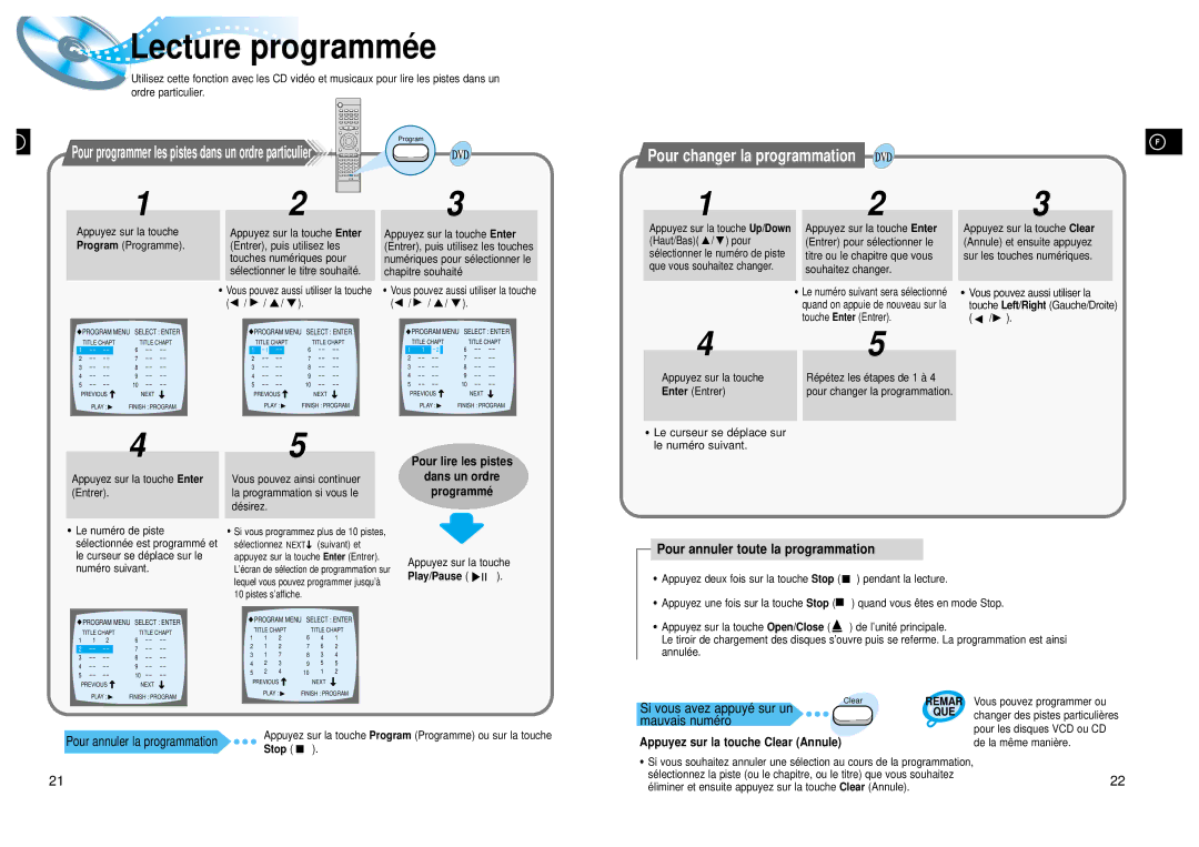 Samsung HTDL105RH/ELS, HTDL105RH/EDC manual Lecture programmé e, Pour annuler toute la programmation, Pour lire les pistes 