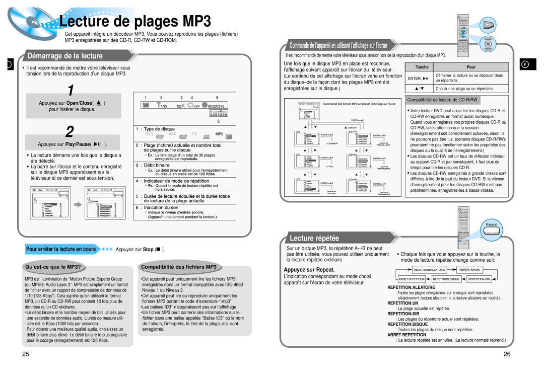 Samsung HTDL105RH/ELS manual Lecture de plages MP3, Dé marrage de la lecture, Qu’est-ce que le MP3?, Appuyez sur Repeat 