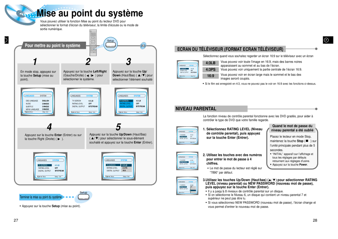 Samsung HTDL105RH/EDC Mise au point du systè me, 43LB, 43PS, 169, Quand le mot de passe du niveau parental a é té oublié 