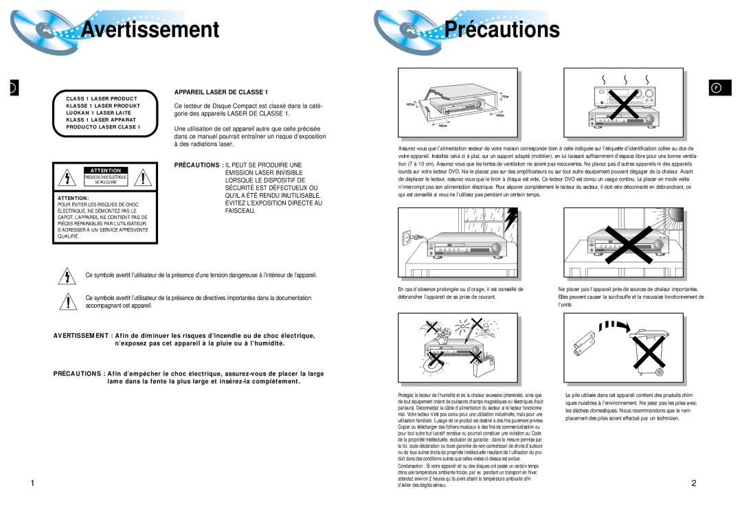 Samsung HTDL105RH/ELS, HTDL105RH/EDC manual Avertissement Précautions 