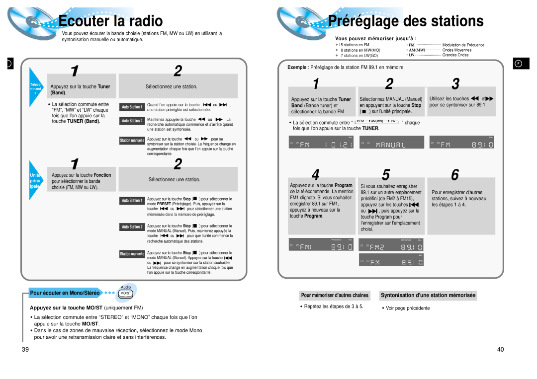 Samsung HTDL105RH/EDC, HTDL105RH/ELS manual Ecouter la radio, Pré ré glage des stations, Pour é couter en Mono/Sté ré o 