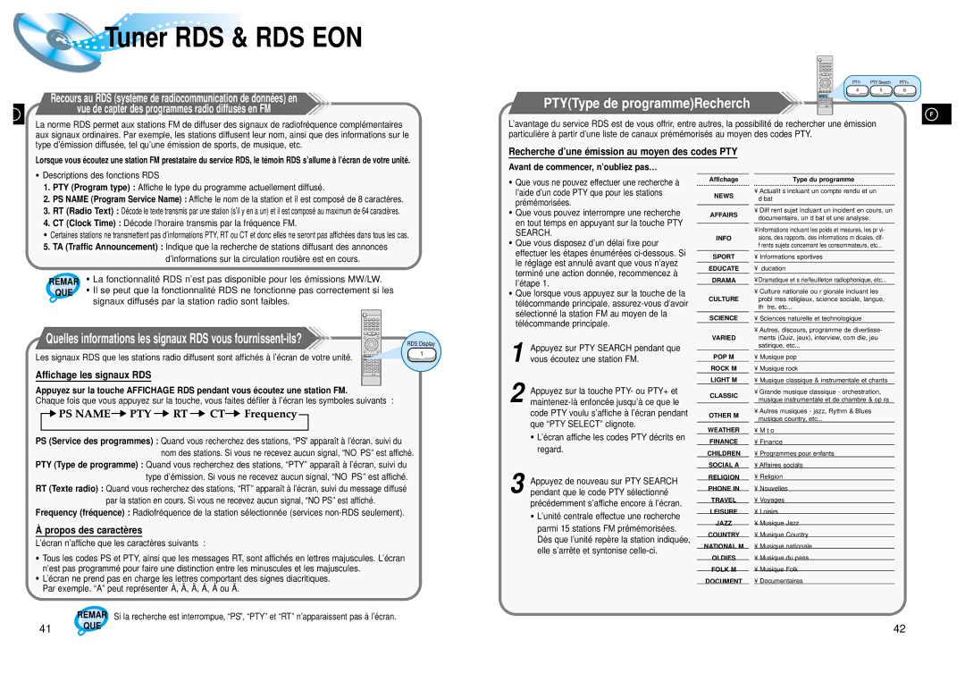 Samsung HTDL105RH/ELS, HTDL105RH/EDC manual PTYType de programmeRecherch, Signaux diffusés par la station radio sont faibles 